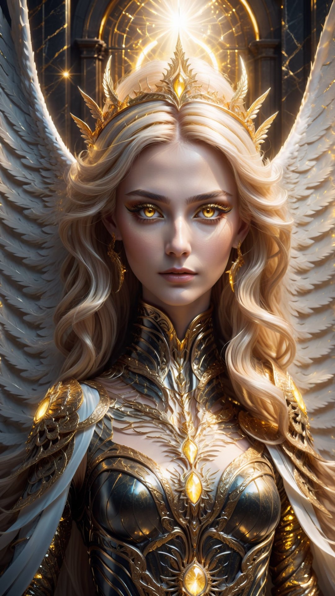 close up portrait of a beautiful queen of the angels glowing, magnificent, serene, vivid gold hair, large gold eyes, she is wearing an elaborate gown, detailed background of a heavenly castle of light marble, AngelicStyle,more detail XL, 
