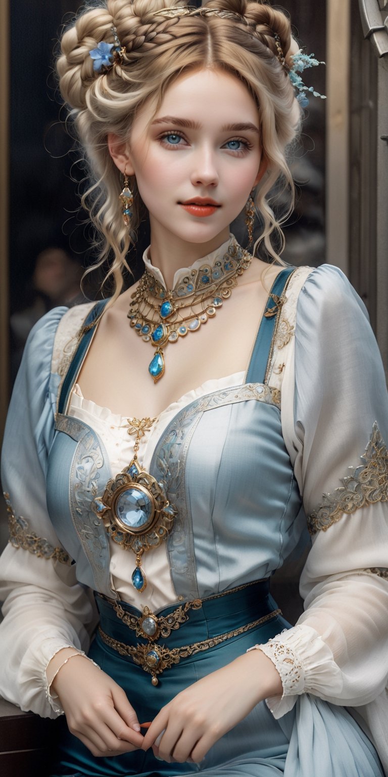 (8k 16k, RAW photo, best quality, master:1.2), (realistic, photo-realistic:1.37), ultra detailed, 1 nordic girl, solo, gorgeous and beautiful girl, light blond intricate braided hair, hair buns, ice blue eyes, realistic, looking at viewer, happy, smile, masterpiece, realistic photography, by Alphonse Mucha, by Wlop, ), (Exaggerated Perspectives), f/ 2.8, (Surrealist Style), Visionary Art, (Trending on artstation) intricate steampunk outfit, intricate jewelry, necklace, large earrings, looking at viewer, happy, smile, masterpiece, realistic photography, by Alphonse Mucha, by Wlop, ), (Exaggerated Perspectives), f/ 2.8, (Surrealist Style), Visionary Art, (Trending on artstation) intricate outfit, intricate jewelry, necklace, large dangle earrings, 