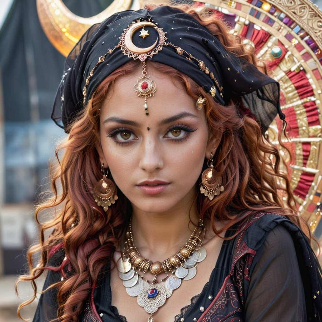 beautiful, intelligent, stunning Gypsy woman, 20 years old, long copper red curly hair, expressive light copper red detailed eyes, bind on the forehead, copper, black colored elaborate gypsy clothes embellished with moon, astrological and stars charms. headscarf with coins, elaborate gypsy long earrings, necklaces, etc. gothic make-up.