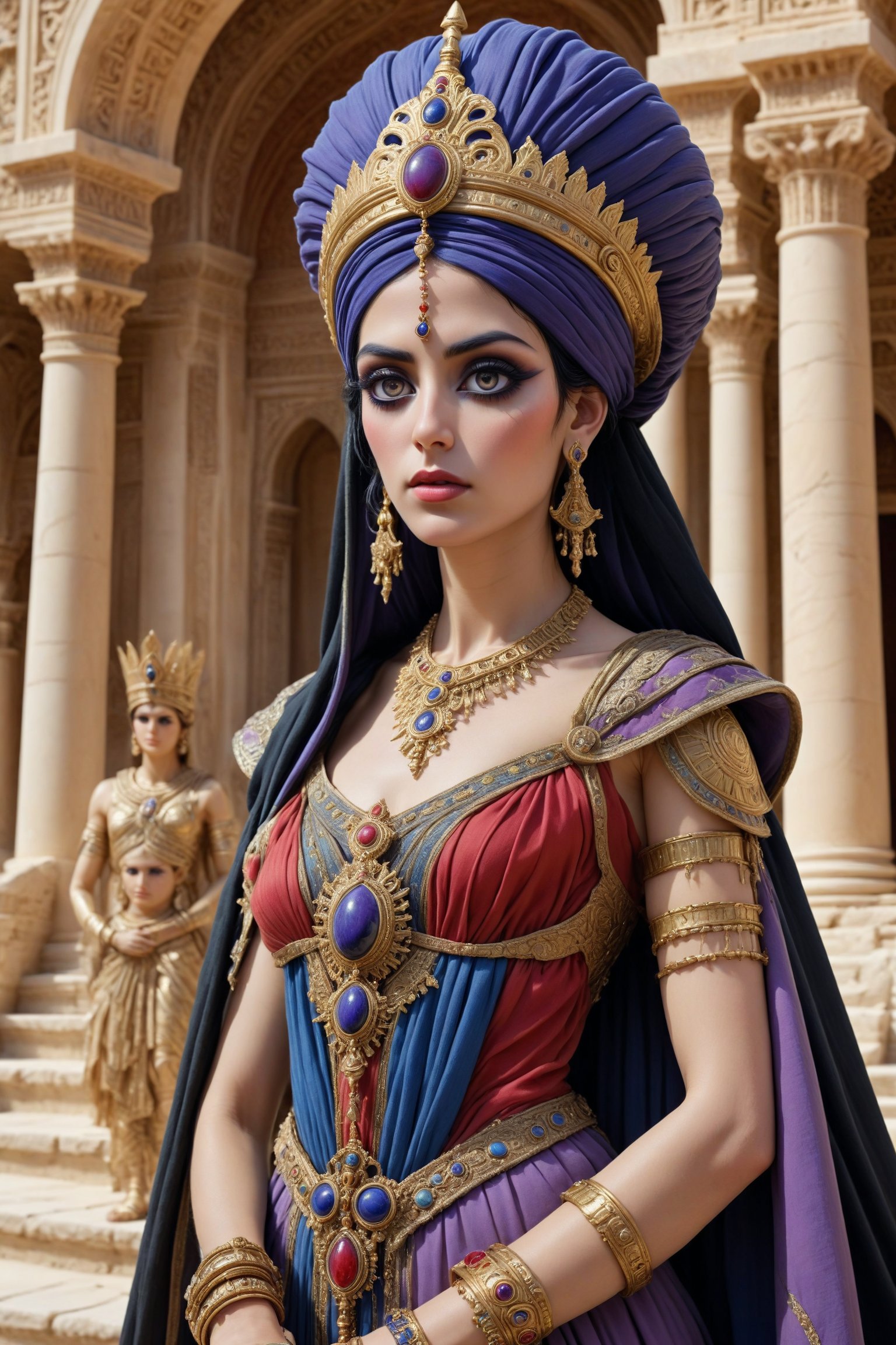 Cinematic scene - close up shot of Septimia Zenobia, a beautiful syrian queen in palmyra Syria in the third century c.e in a fusion of elaborate rococo, persian middle eastern parthian style and Greco-Roman and gothic punk. she has jet black hair. she has round large big copper eyes, she wears an elaborate middle eastern parthian style and Greco-Roman inspired royal gown in rich vibrant colors of red, purple, white gold, and black. she wears a turban, head ornament, crown and long shawl and an ancient syrian queen's head dress. elaborate earrings, necklaces and wrist cuffs made out of gold, lapis lazuli, amethyst. roman sandals on her feet. she walks down the steps in front of a luxurious temple, the detailed background is of a magnificent temple with painted columns. tall and small palm trees, statues, in the desert in the 3rd century a.d. perfect female anatomy, goth person, pastel goth, dal, Gaelic Pattern Style, 