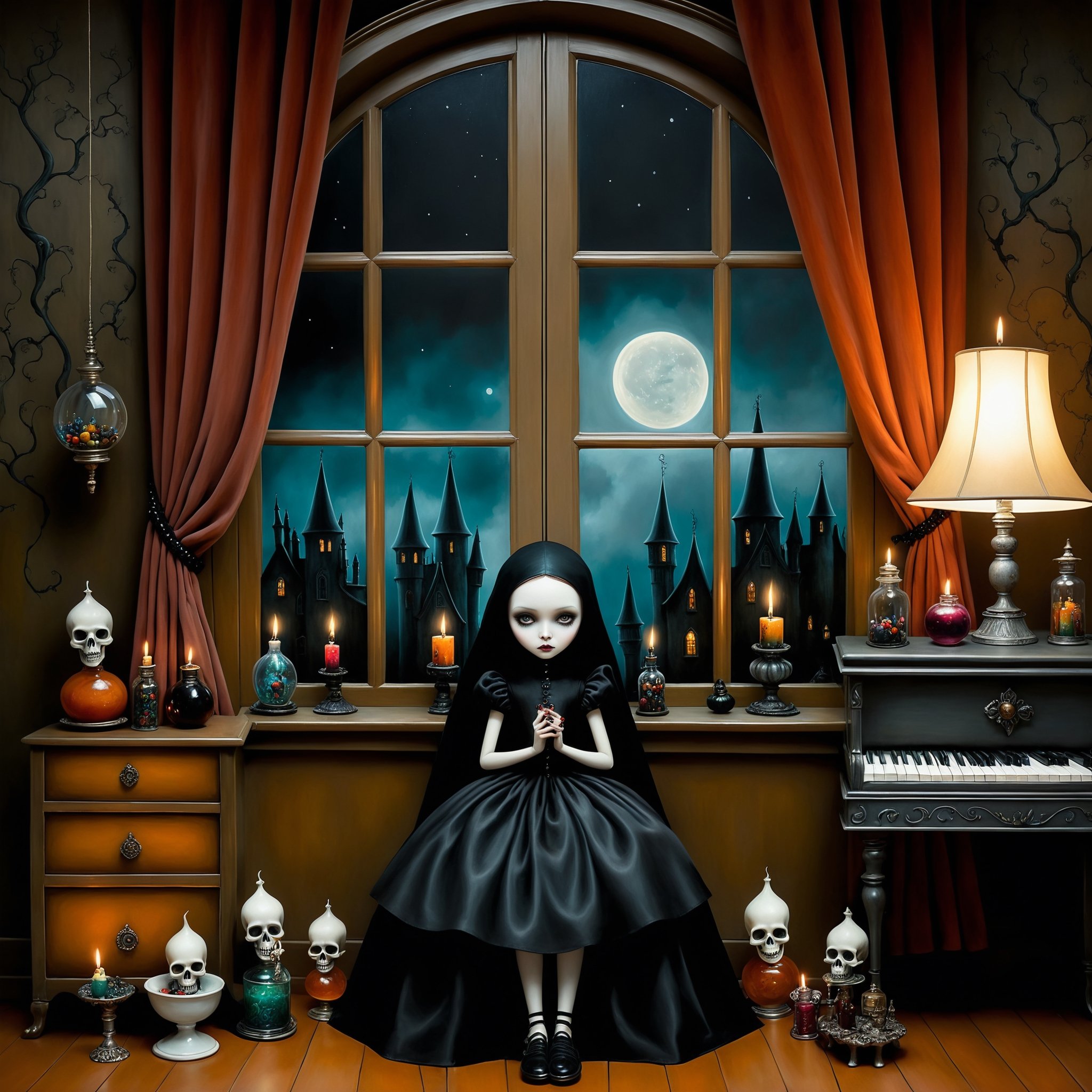 Cinematic shot, long shot, a gothic small girl in her gothic room casting spells, in the style Nicoletta Ceccoli, Mark Ryden and Esao Andrews. minimalist style. a detailed elaborate gothic bedroom with william morris gothic scary wallpaper, velvet curtains, cluttered with creepy cat, monster ghost paintings, dolls, colorful potion bottles, magic circle on floor, ancient leather spellbooks, candelabra, skulls, witch brooms, healing crystals. creepy cat. night time. dark outside. full moon visible through large window. (((perfect female hands))) (((perfect fingers))) (((manicured painted long fingernails))), in the style of esao andrews,REALISTIC