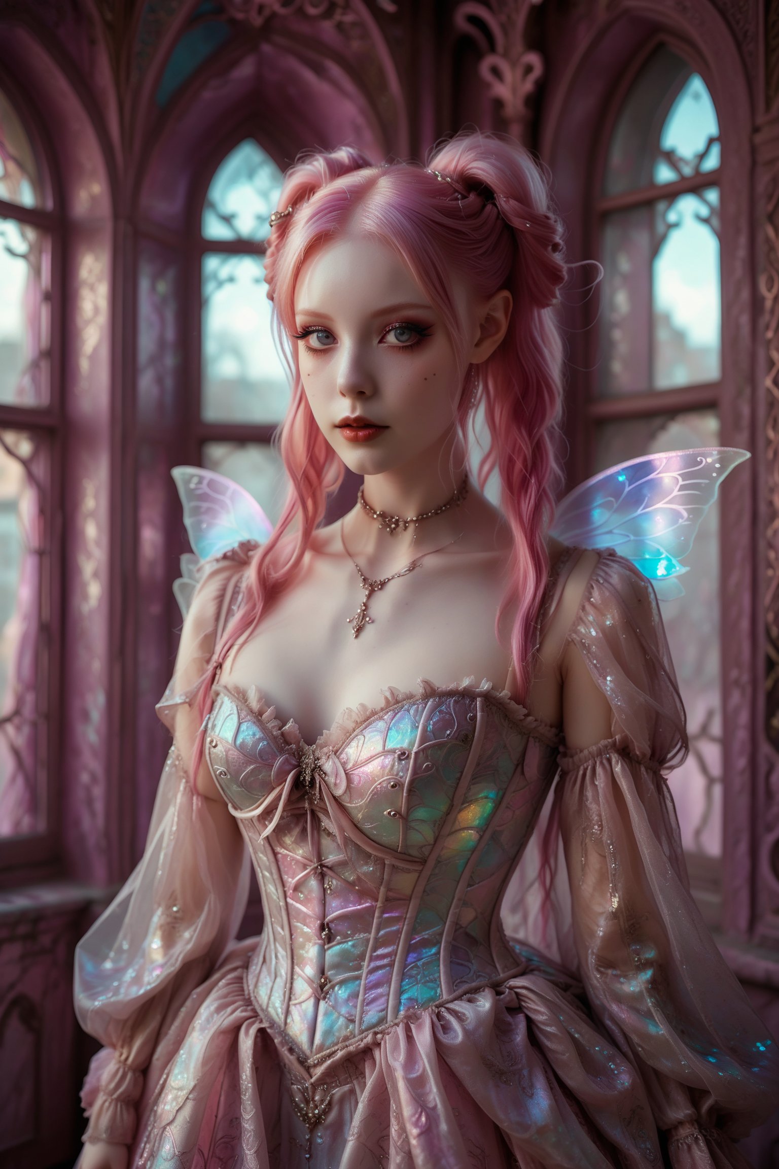 1girl,solo,full body shot of a fairy princess, gossamer opalescent fairy wings, in an irridescent glittery ballet style Lolita fashion gown, elaborate brocade patterned silk corset-style bodice. extremely long vivid pink hair in twin tails. Large expressive copper eyes, pale skin,  Opulent fairy castle backdrop with arched windows, silk curtains. Soft, dreamy lighting. Blend of kawaii, gothic, royal, and Arabian Nights aesthetics