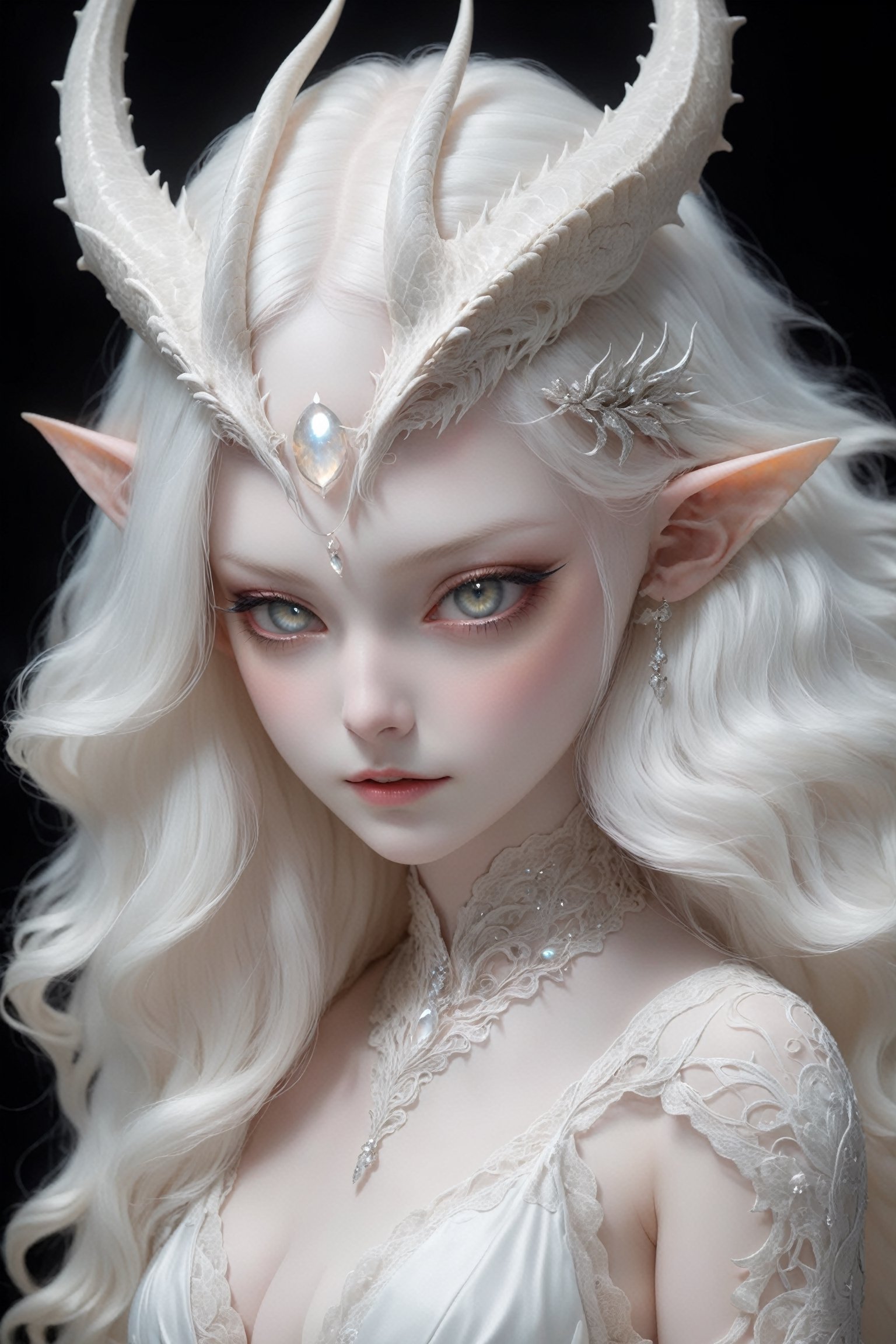 (full body),(long intricate horns:1.2), sensual albino demon girl with enchantingly beautiful, alabaster skin, thinking, thoughtful, A benevolent smile, girl has beautiful deep eyes, soft expression, Depth and Dimension in the Pupils, Her porcelain-like white skin reflects an almost celestial glow, highlighting her ethereal nature, Every detail of her divine lace costume is meticulously crafted, adorned with jewels that sparkle with a divine radiance, demon girl standing next to her fierce albino pet dragon, full body