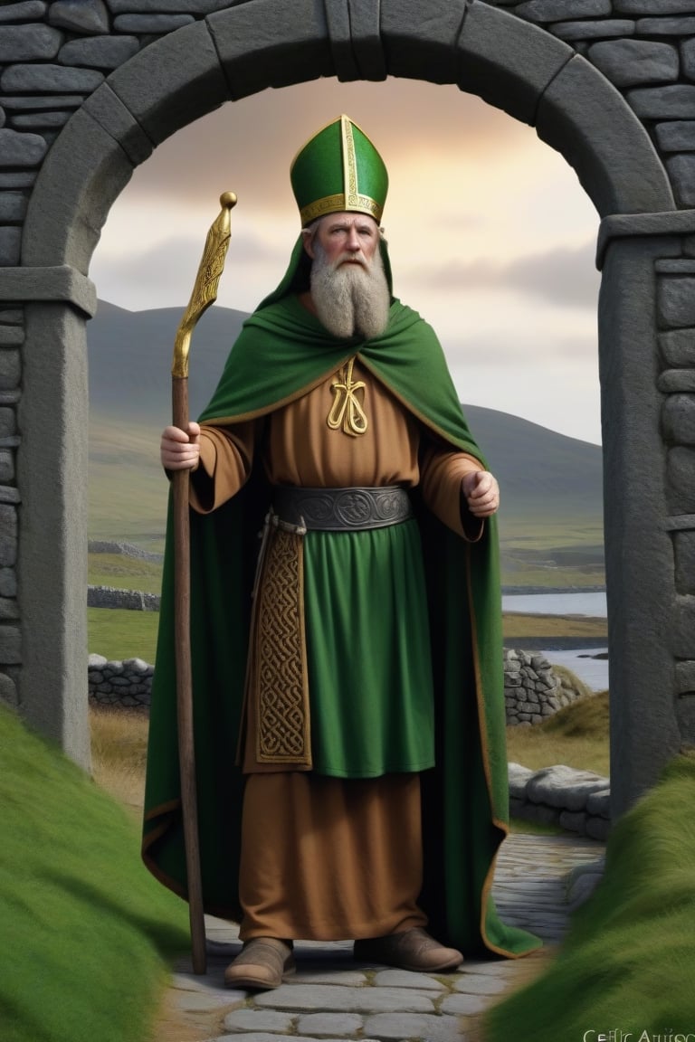 very detailed scene of saint patrick captured by celtic arriors, captive in 5th century ireland photo taken from a distance hyperrealism