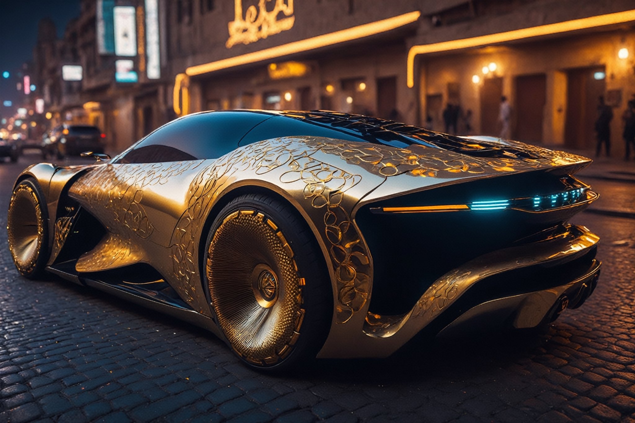 futuristic cyberpunk supercar, decorated with egyptian motifs, gold metallic paint, jewelled heiroglyphics on hood and doors of car, car parked on a deserted street at night time, starry sky, in the full moon, car under a bright street light. exude a high-budget, epic atmosphere, with a sharp focus on the sleek, smooth lines of the car, which should be highly detailed and rendered in 4K HDR quality for stunning clarity and color depth. The city should be alive with cyberpunk aesthetics, including neon signs and holographic advertisements, captured in cinemascope to emphasize the grandeur of the setting. The mood is moody and gorgeous, with a deep depth of field to highlight the car against the blurred cityscape, accentuated by the bokeh effect of city lights. Ensure the final image is high resolution, with a balance between the sharpness of the car and the smoothness of its surroundings.