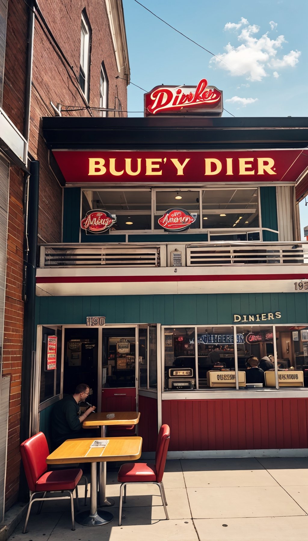 1950's era diner at a classic 1950's busy american diner, looking down the length of the diner from the entrance, background of diner with customers eating at the booths and food on the tables, old jukebox, vintage posters on the walls, bright sunny day, sun shining through the windows,realistic