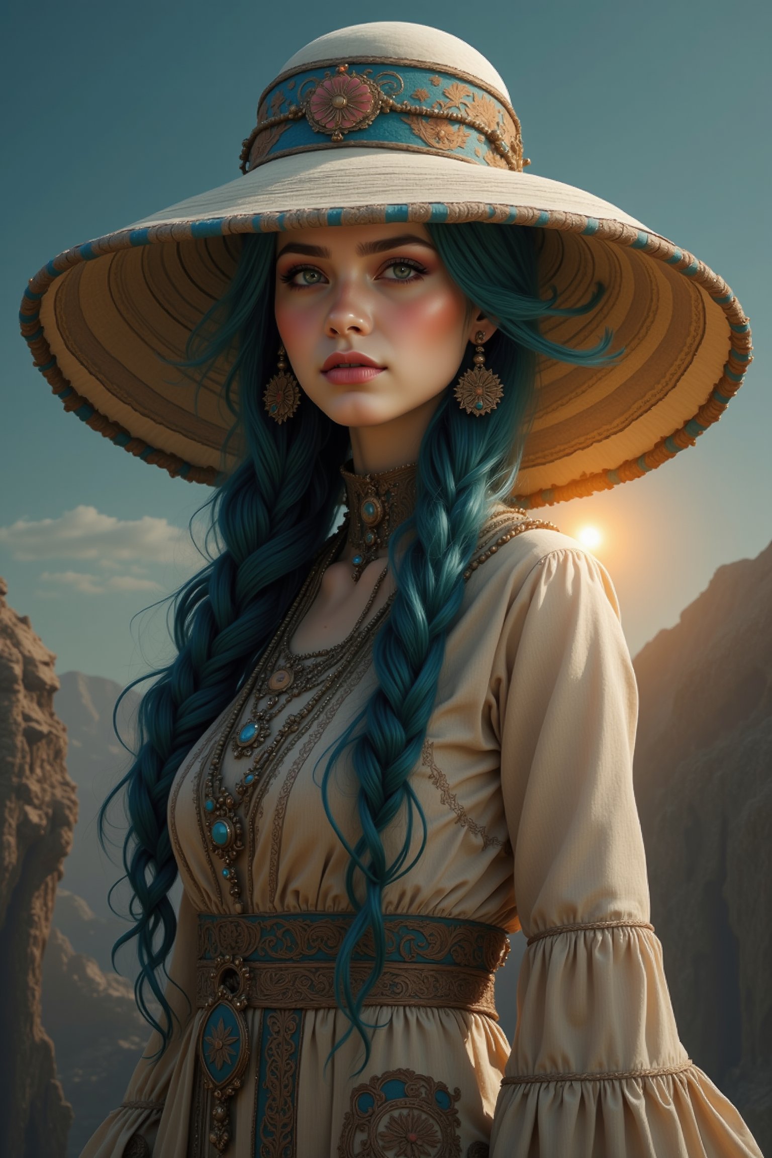 Create an alien female gypsy with an ornate landscape