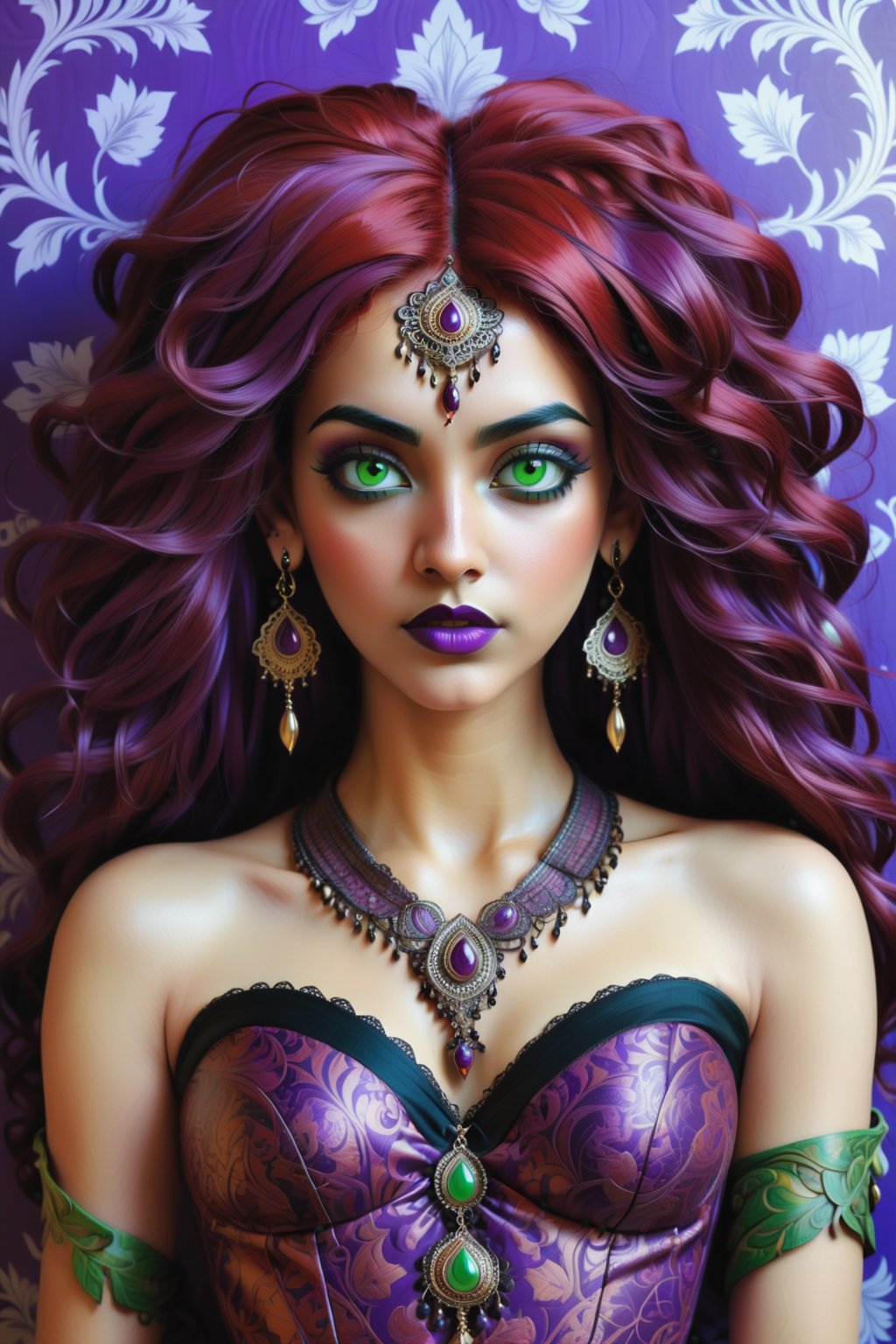 combine all of the below to make a beautiful exotic Indian woman, vivid red long curly hair, green eyes, wearing an elaborate indian-inspired necklace, jewelry, long dangle earrings, corset in colors of purple and black, hayv kahraman style, background of vivid colorful intricate william morris inspired wallpaper