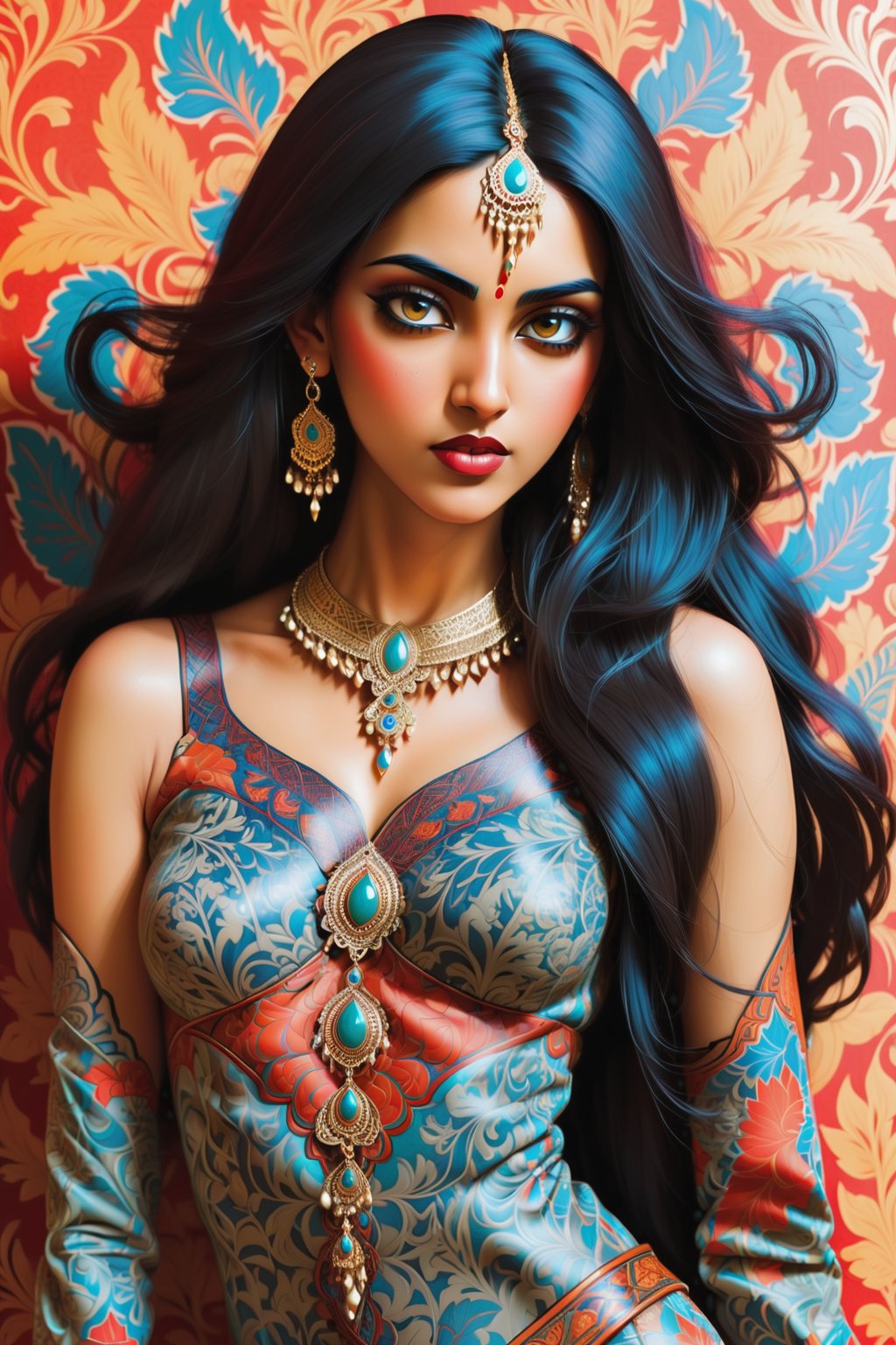 (((full body shot))) combine all of the below to make a beautiful Indian woman, wearing an elaborate indian necklace, jewelry, long dangle earrings, sexy intricate indian outfit, high heel shoes, hayv kahraman style, background of vivid colorful intricate william morris wallpaper, 