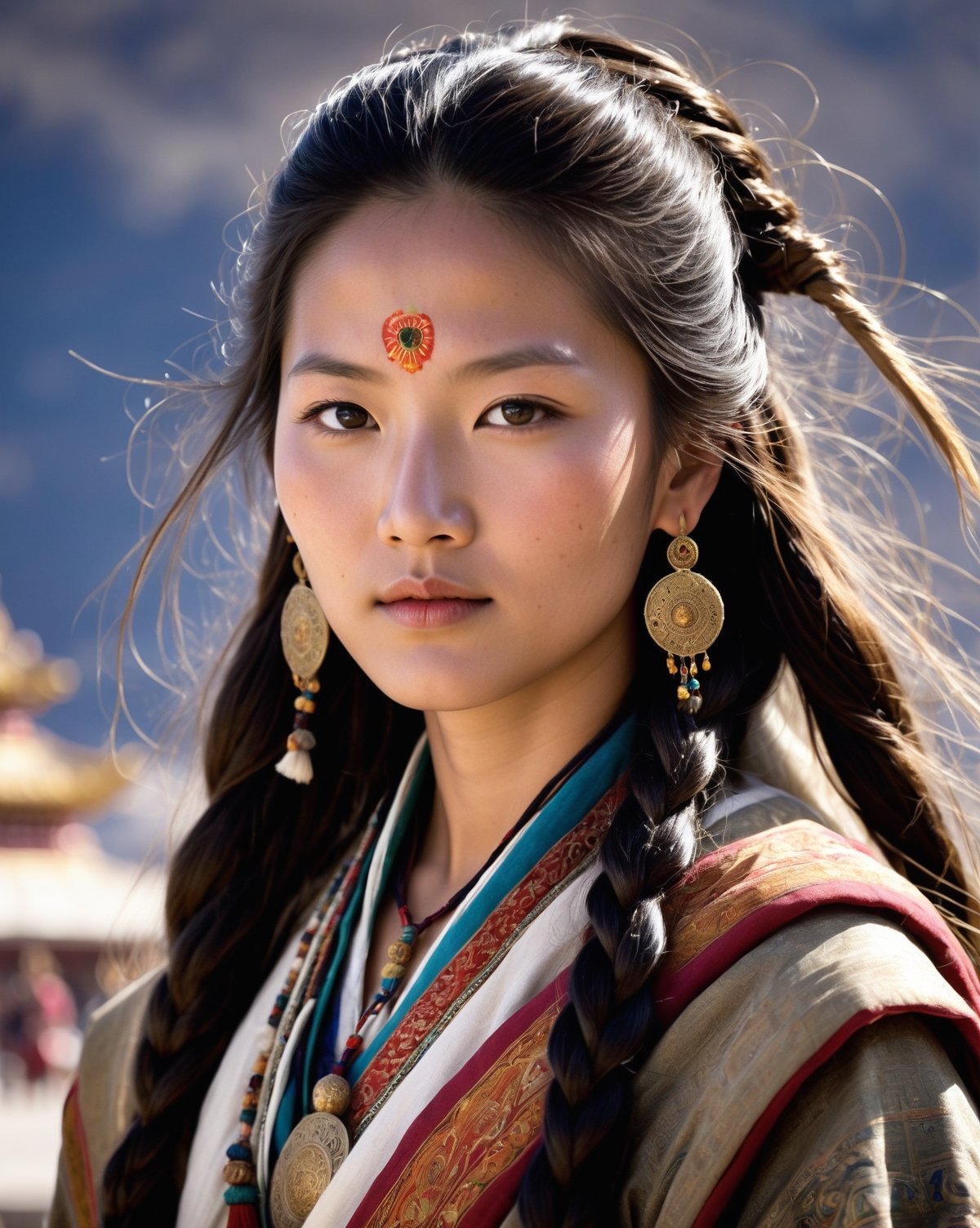 32k, large and very detailed eyes, ultra realistic details, beautiful mythic ancient tibetan woman, serene facial expression, elaborate very long braided hair, traditional tibetan clothes, floating, windy, messy hair, elaborate difficult, masterpiece, high quality, detailed cores, Potala Palace, Lhasa, China, shafts of light, breathtaking beauty, pure perfection, mystical, cinematographic, full body shot, full body shot,