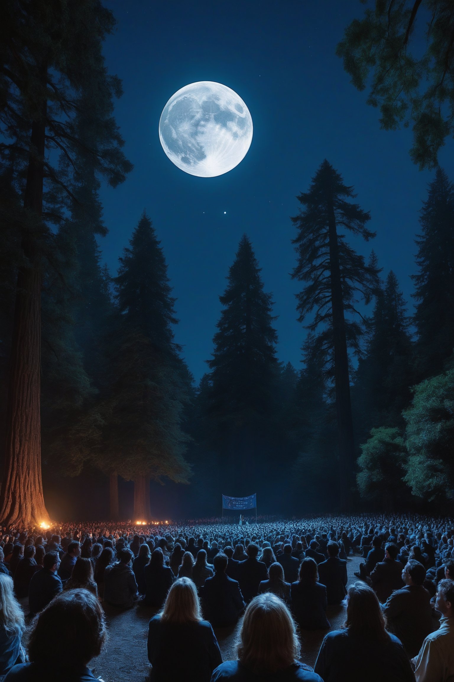 bohemian grove, night, full moon, 