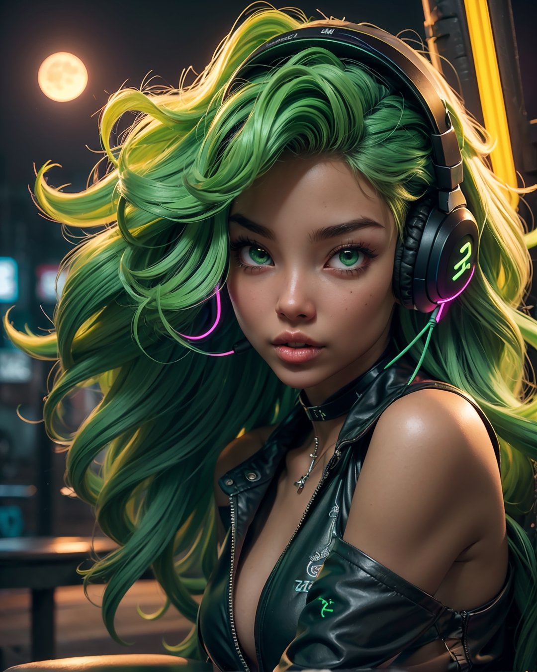 full body, sitting in chair, symmetrical face, perfect realistic green eyes, (female hair made of fine multicolored neon, green curls:1.5), (long thin hair made of multicolored neon strands, wearing headphones, serene expression, enjoying music, realism, ultra high resolution, 8k, HDr, art, high detail, , art, detailed background night sky, full moon, starry sky, zoomed out