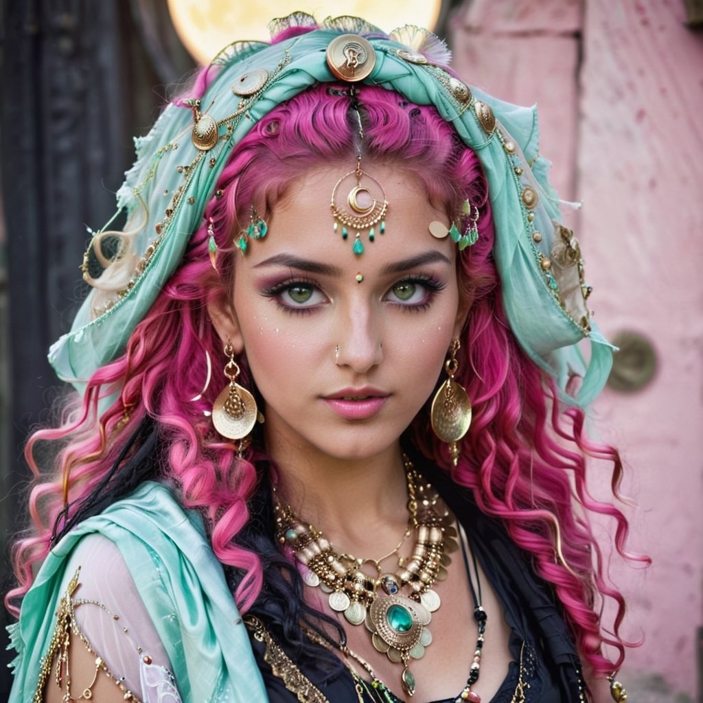 beautiful, intelligent, stunning Gypsy woman, 20 years old, long vivid bright pink curly hair, expressive light ice green detailed eyes, bind on the forehead, pink, white, black and gold colored elaborate gypsy clothes embellished with moon, astrological and stars charms. headscarf with coins, elaborate gypsy long earrings, necklaces, etc. gothic make-up.