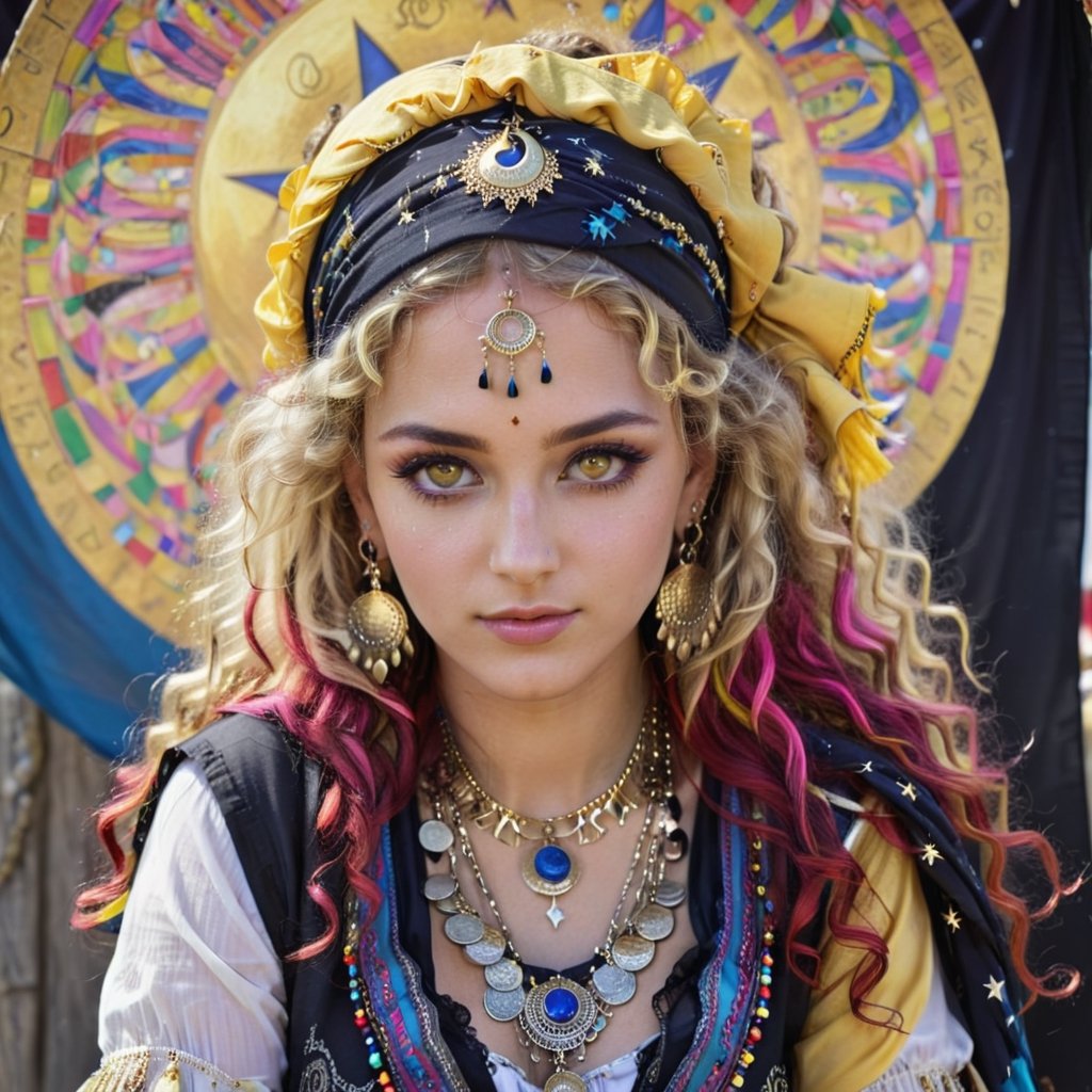 beautiful, intelligent, stunning Gypsy woman, 20 years old, long multi-colored yellow, blue, pink, red, blonde curly hair, expressive light yellow detailed eyes, bind on the forehead, yellow, black and white elaborate gypsy clothes embellished with moon, astrological and stars charms. headscarf with coins, elaborate gypsy long earrings, necklaces, etc. gothic make-up.