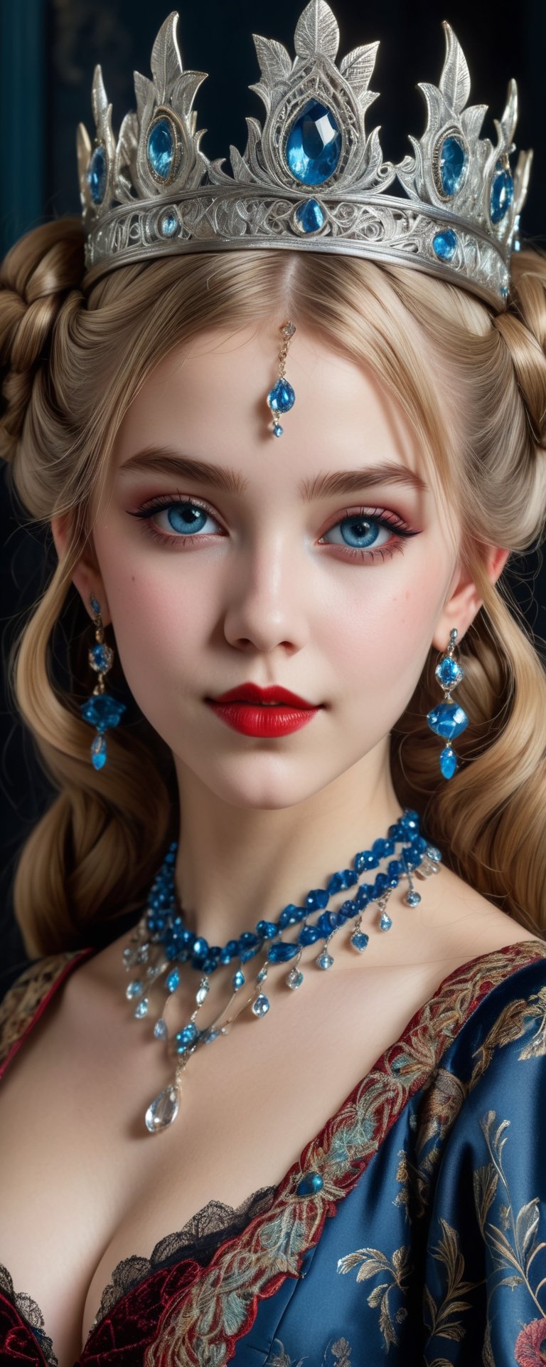 (best quality, masterpiece, ultra detailed, 8K, RAW photo), absurdres, a beautiful 17 year old vampire girl with white shiny long thick full hair with blunt bangs and braided hair buns, elaborrate bejeweled crown on head, ornate velvet outfit embroidered with intricate patterns and lace accents, big light blue hyper realistic eyes, perfect light skin, gothic eye make up, parted greasy full red lips, mischevious smile,intricate jewelry,necklace,earrings, intricate william morris wallpaper background,  background,vibrant color, full torso,