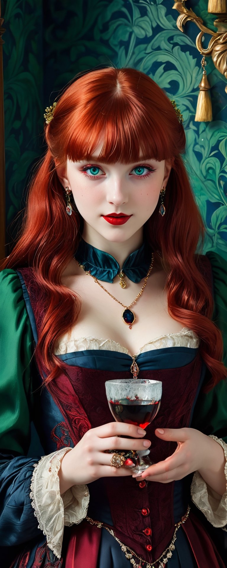 (best quality, masterpiece, ultra detailed, 8K, RAW photo), absurdres, a beautiful 17 year old vampire girl holding a glass chalace with red blood, vivid red shiny hair with blunt bangs, Prussian blue outfit, big green hyper realistic eyes,parted greasy red lips, michevious smile,intricate jewelry,necklace,earrings, intricate william morris wallpaper background,  background,vibrant color, 