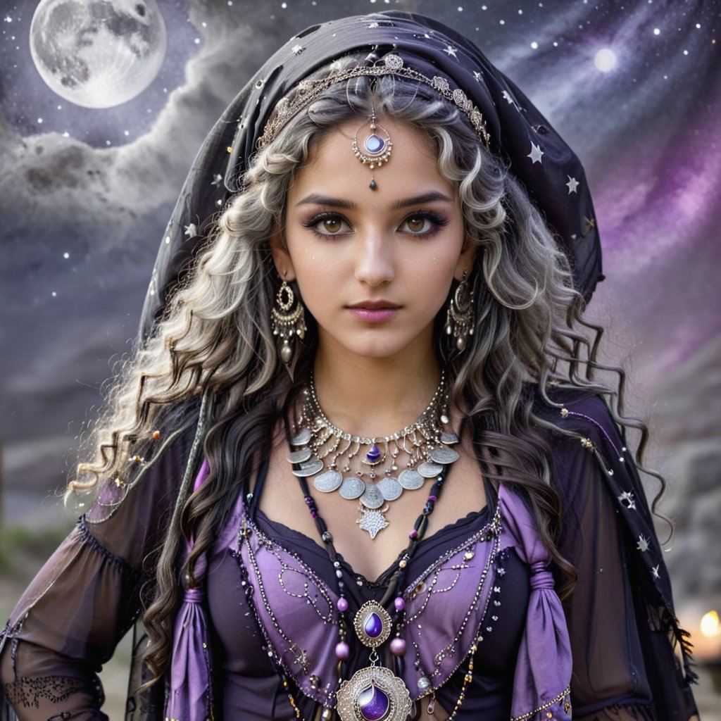 beautiful, intelligent, stunning Gypsy woman, 20 years old, long gray curly hair, expressive light gray detailed eyes, bind on the forehead, black, light purple, gray colored elaborate gypsy clothes embellished with moon, astrological and stars charms. headscarf with coins, elaborate gypsy long earrings, necklaces, etc. gothic make-up.