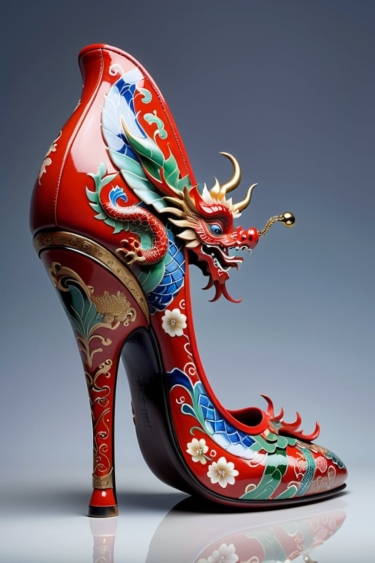 digital art, 8k,  picture of one high heel woman's shoe, the shoe is decorated like Ming Dragon Red Pattern, made of china, ceramic, whimsical, side view of shoe beautiful, highly detailed, whimsical, fantasy,,more detail XL