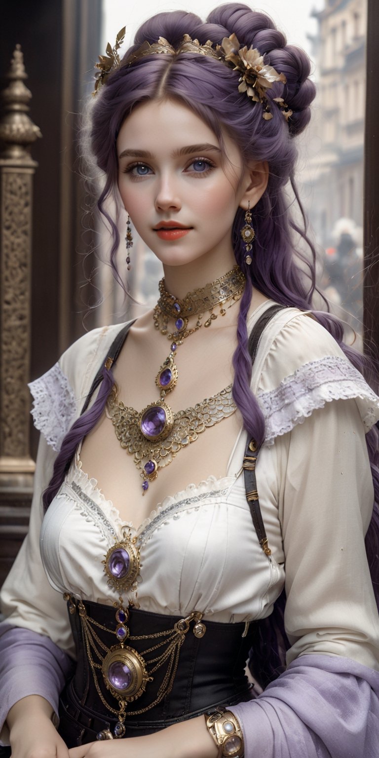 (8k 16k, RAW photo, best quality, master:1.2), (realistic, photo-realistic:1.37), ultra detailed, 1 nordic girl, solo, gorgeous and beautiful girl, purple intricate braided hair, hair buns, light purple eyes, realistic, looking at viewer, happy, smile, masterpiece, realistic photography, by Alphonse Mucha, by Wlop, ), (Exaggerated Perspectives), f/ 2.8, (Surrealist Style), Visionary Art, (Trending on artstation) intricate steampunk outfit, intricate jewelry, necklace, large earrings, looking at viewer, happy, smile, masterpiece, realistic photography, by Alphonse Mucha, by Wlop, ), (Exaggerated Perspectives), f/ 2.8, (Surrealist Style), Visionary Art, (Trending on artstation) intricate outfit, intricate jewelry, necklace, large dangle earrings, 