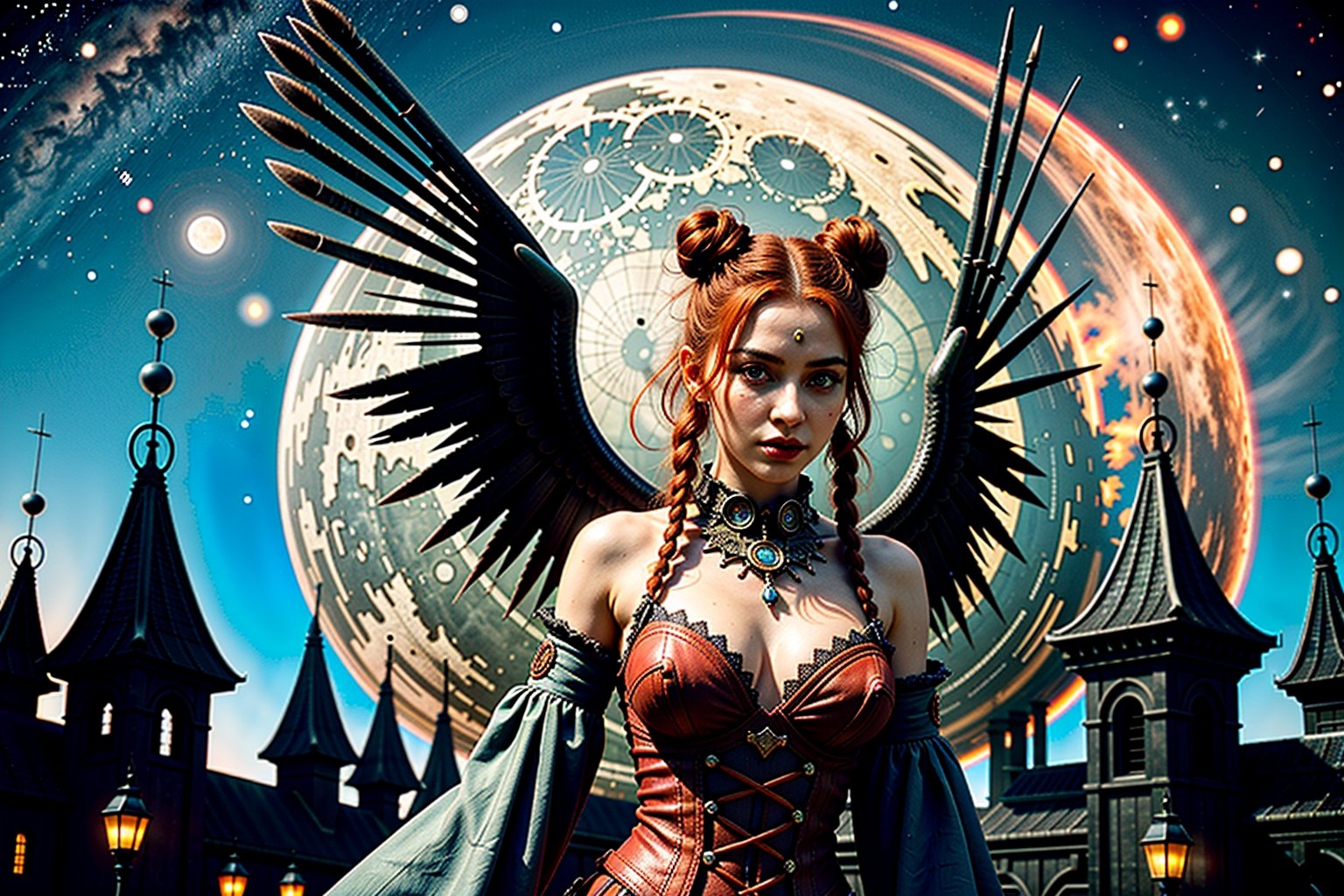 High definition vivid masterpiece, a beautiful vampire woman with red hair, elaborate braids, hair buns, messy hair, blowing hair, red glowing big detailed eyes, large tattered devil wings, realistic, steampunk, night time, in front of a gothic castle, gravestones, full moon, starry sky, dreamy, fantasy, mythical, magical, steampunk mechanical glowing full moon, light shafts, detailed background, boots, full body,horror,Makeup,Masterpiece