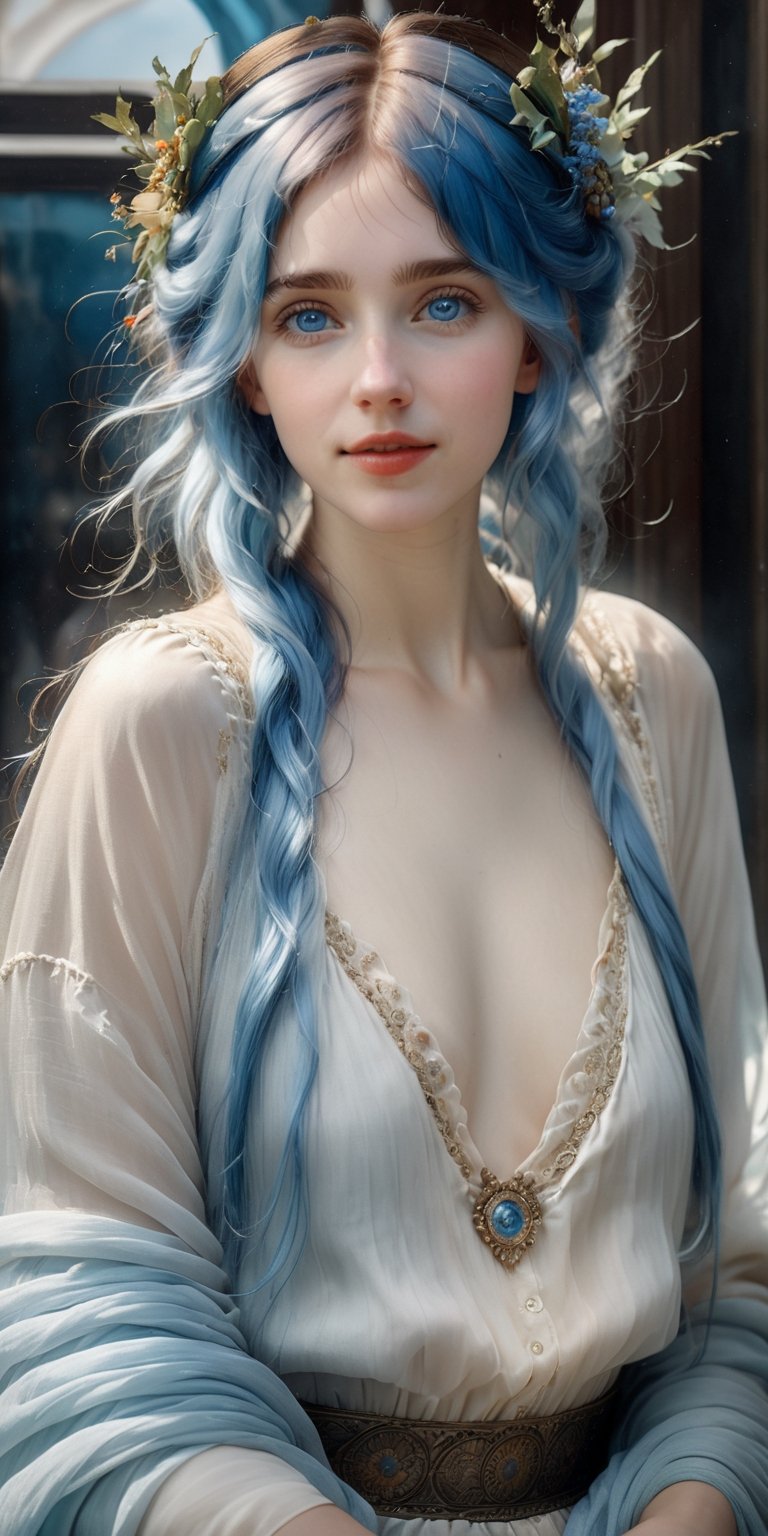 (8k 16k, RAW photo, best quality, master:1.2), (realistic, photo-realistic:1.37), ultra detailed, 1girl,solo, upper body, blue hair, big ice blue eyes, reallistic, looking at viewer, happy,smile, masterpiece, realistic photography, by Alphonse Mucha, by Wlop, ), (Exaggerated Perspectives), f/ 2.8, (Surrealist Style), Visionary Art, (Trending on artstation)