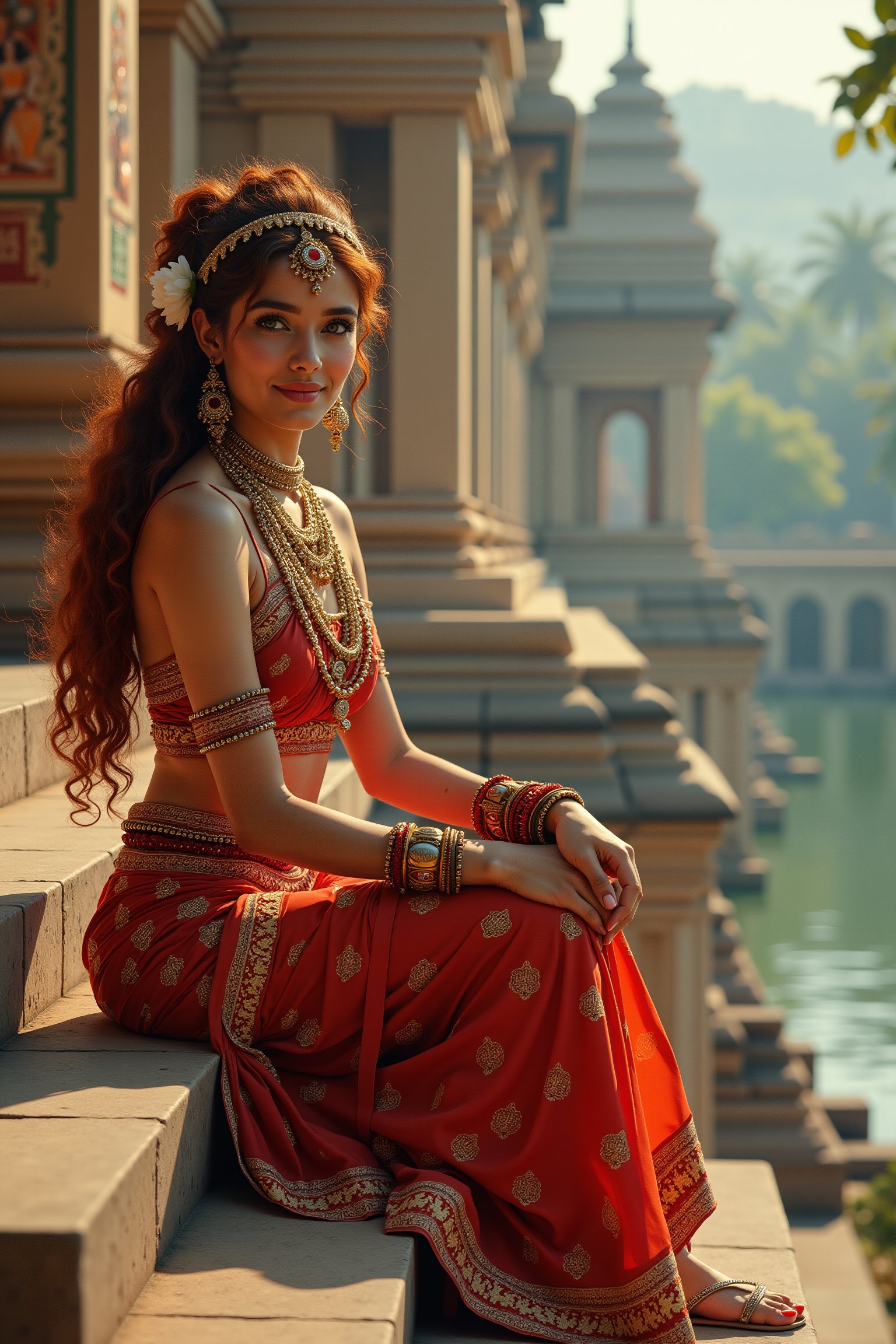 long shot, side view full body shot, realistic photgraphic image of young stunningly gorgeous and beautiful exotic asian indian woman in Ancient India. she sits on the steps of an ancient indian temple on the banks of the ganges river  with jasmine in her hair. she has a sweet sensual closed mouth smile, stunning big light green realistic eyes, rich colorful make-up and eyeliner on her eyes, thick big curly long red hair, she wears an ancient indian dress in silk, cotton and linen fabrics, colors of red, blue and gold, her outfit is richly and elaborately decorated, with embroidery and rich jewels, gold jewelry and ornaments, flat  sandals on her feet. her outfit and posture displays her wealth, behind her is the detailed realistic background of the Ancient Indian temple on the banks of a beautiful river, lush coconut trees, jasmine, rose, frangiapani bushes surround the temple. the temple is decorated with richly colored symmetrical Indian art, mythology and spiritual scenes decorating the walls, ancient hindu statues, palm, coconut, mango trees, incense pots with burning incense, perfect female anatomy