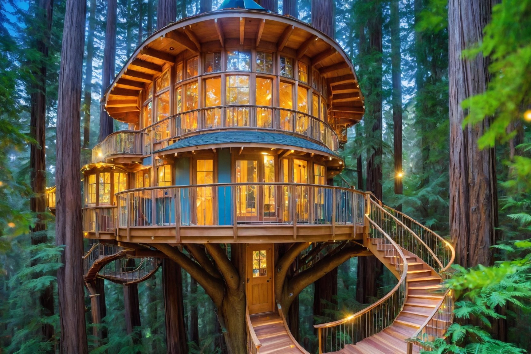 ((masterpiece)), (((best quality))), ((ultra-detailed)), beautiful elaborate exclusive well appointed treehouse deep in a lush green redwood forest,  the tree house is spacious, 3 stories high. big clear glass windows, gorgeous art nouveau style architecture, one side of the treehouse is open, without a wall, revealing the interior of the house and spiral staircase and living room, there is a large wooden deck around the perimeter of the treehouse, shafts of light shine through the canopy, beautiful blue sky,,aw0k euphoric style,aw0k euphoricred style, long shot from above looking down
