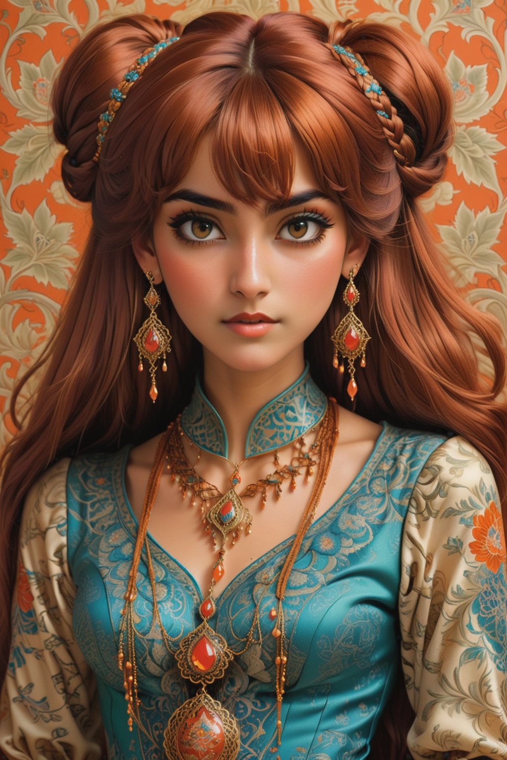 combine all of the below to make a beautiful middle eastern woman, reddish copper think long hair in elaborate buns and braids with bangs, wearing an elaborate Iranian Persian inspired necklace, jewelry, long dangle earrings, corset in colors of saffron, beige, hayv kahraman style, background of vivid colorful intricate william morris wallpaper