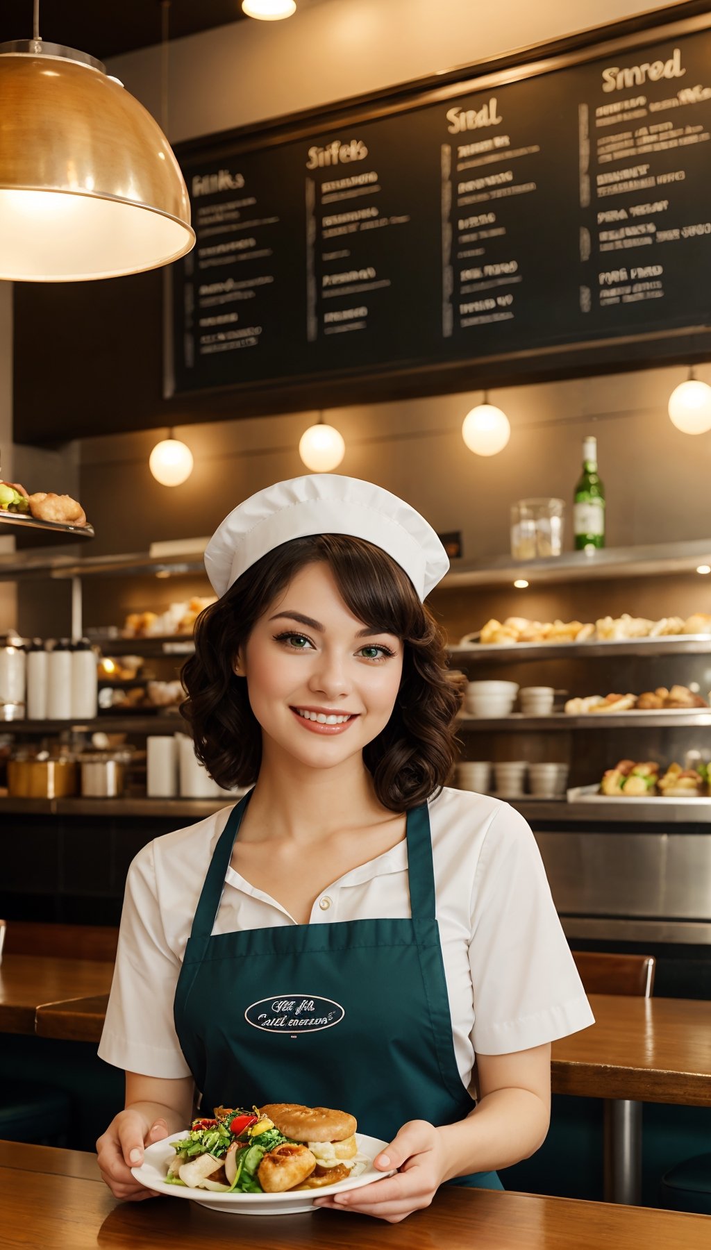 1950's era woman waitress, smiling, wearing an apron, waitress outfit and cap, casual pose, real, wearing short heeled casual shoes, high quality, curly shiny black thick shoulder length hair, realistic green eyes at a customer's table showing the customer a menu, at a classic 1950's busy american diner,  background of diner with customers eating at the booths, bright sunny day, sun shining through the windows,realistic