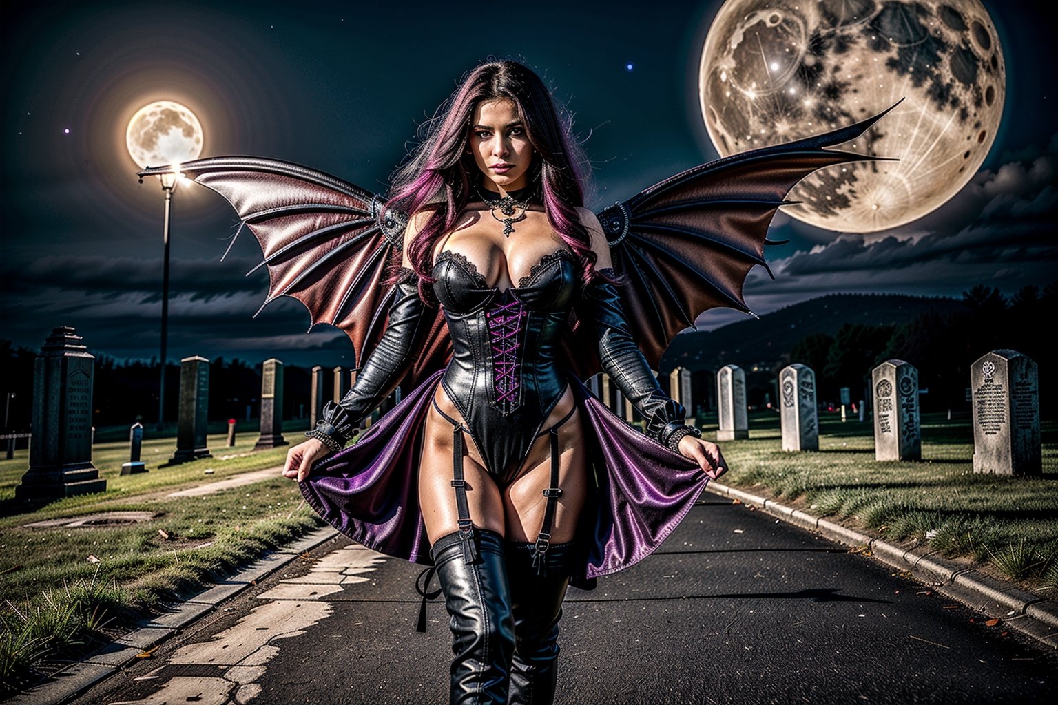 High definition vivid masterpiece, a beautiful vampire woman, elaborate spikey super long, messy purple hair, blowing hair, red glowing big detailed eyes, large tattered devil wings, realistic, steampunk, night time, floating above a gothic castle, gravestones, full moon, starry sky, steampunk mechanical glowing full moon, light shafts, detailed background, boots, full body, Makeup,Masterpiece, full body,realistic