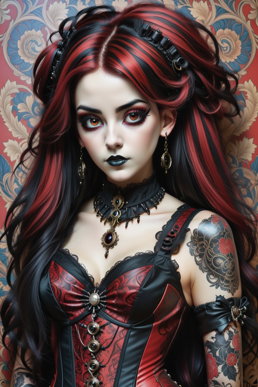 combine all of the below to make a beautiful steampunk victorian young woman, black and red streaked hair, gothic make-up, wearing an elaborate steampunk victorian inspired necklace, jewelry, long dangle earrings, sexy intricate corset, hayv kahraman style, background of vivid colorful intricate william morris wallpaper