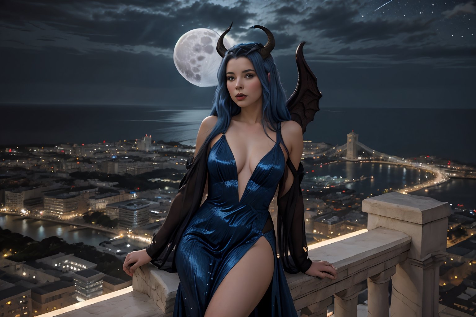 extreme long shot, michael parkes style, a beautiful young queen of gargoyles with gargoyle wings, horns, thick voluminous long blue hair is sitting on the ledge of a very tall castle. on a cliff above the ocean below. she is wearing an elaborate long blue gown. she is sitting next to a gargoyle. its night time with a full moon. dark sky & stars are in the sky.  michael parkes, zoom out.,1girl,Masterpiece,SD 1.5,realistic