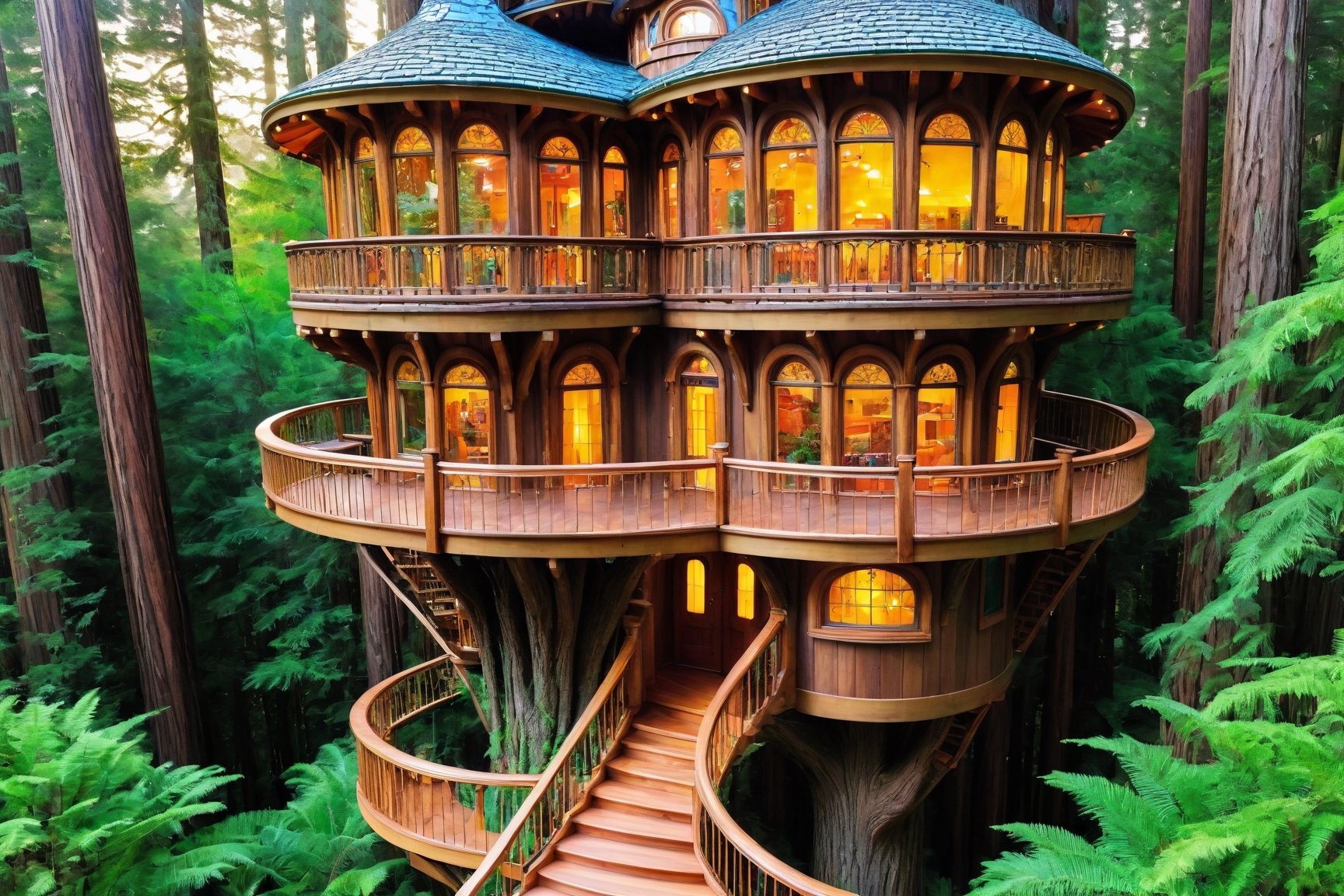 long shot ((masterpiece)), (((best quality))), ((ultra-detailed)), beautiful elaborate realistic intricate detailed fantasy treehouse deep in a lush green redwood forest,  the tree house is spacious, 3 stories high. glass windows, gorgeous art nouveau style architecture, there is a spiral staircase up to the 2nd and 3rd floors, there is a large wooden deck around the perimeter of the treehouse, shafts of light shine through the canopy, beautiful blue sky,,aw0k euphoric style,aw0k euphoricred style, long shot from above looking down
