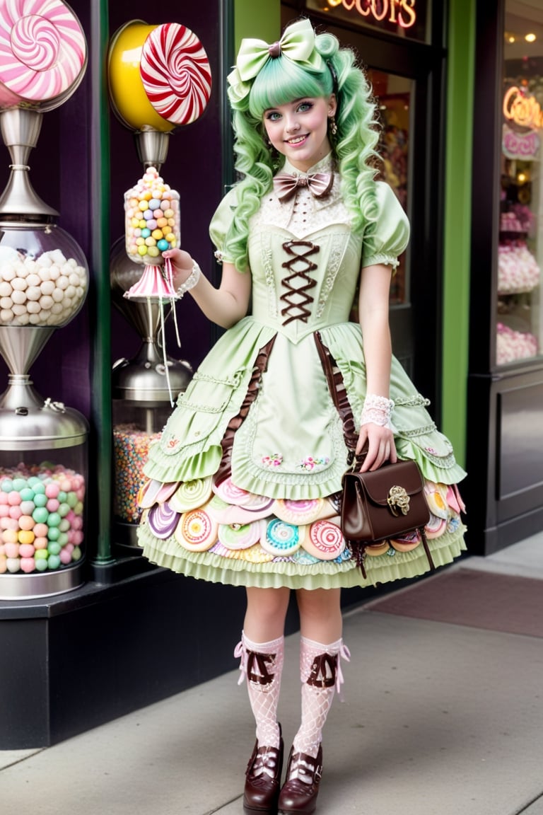 full body shot, beautiful happy young 17-year old girl model with pastel green extra long curly hair with elaborate top buns and bangs, hair clips and adornments in her hair. she has light green eyes, perfect pale skin and cute smile on her face. the girl is wearing a high fashion elaborate sweet lolita outfit, cute stockings, frilly, elaborate embroidery, lace, bows, tassels, cute high heeled boots, and she has perfect manicured hands. she is holding a very cute designer lolita purse handbag. the detailed elaborate background behind the girl is an elaborate upper class cluttered style candy store inspired by willie wonka with many different types of candies and confections surrounding the girl including big colorful lolipops, cotton candy, chocolate fountain, marshmellows, bubble gums, multi colored hard candies in glass canisters, full body shot 