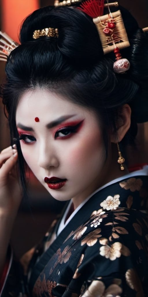 Highy detailed image, cinematic shot, (bright and intense:1.2), full body shot, perfect centralization, dynamic pose, crisp, defined, HQ, detailed, HD, dynamic light & pose, motion, moody, intricate, 1girl, (((gothic geisha)) elaborate geisha make-up, elaborate geisha hair with ornaments in hair, dark geisha outfit, attractive, clear facial expression, perfect hands, emotional, hyperrealistic inspired by necronomicon art, fantasy horror art, photorealistic dark concept art
,goth person,Extremely Realistic