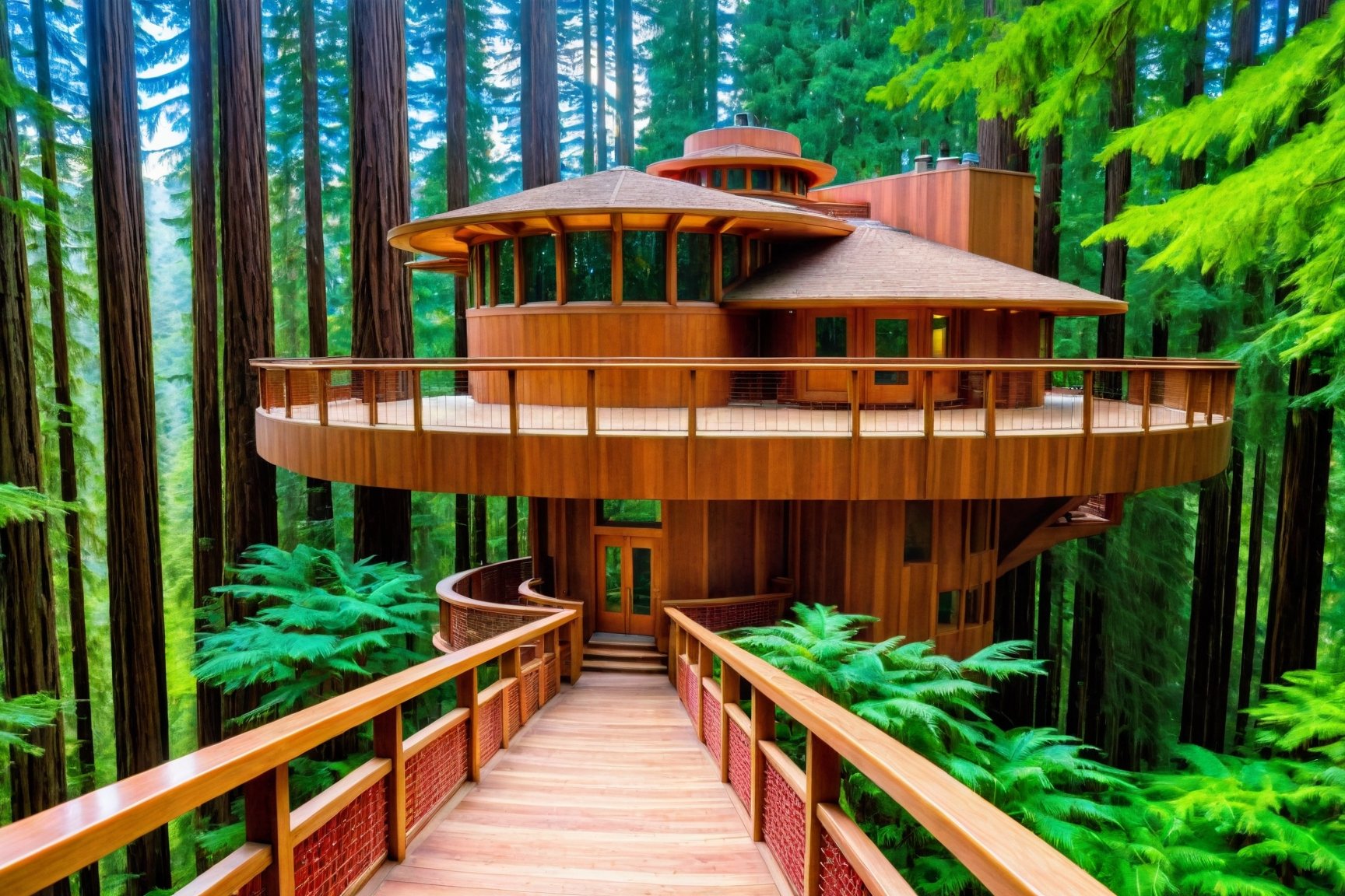 long shot ((masterpiece)), (((best quality))), ((ultra-detailed)), beautiful elaborate realistic ifrank lloyd wright  treehouse deep in a lush green redwood forest,  the tree house is spacious, gorgeous frank lloyd wright style architecture, there is a large wooden deck around the perimeter of the treehouse, shafts of light shine through the canopy, beautiful blue sky,,aw0k euphoric style,aw0k euphoricred style, long shot from above looking down
