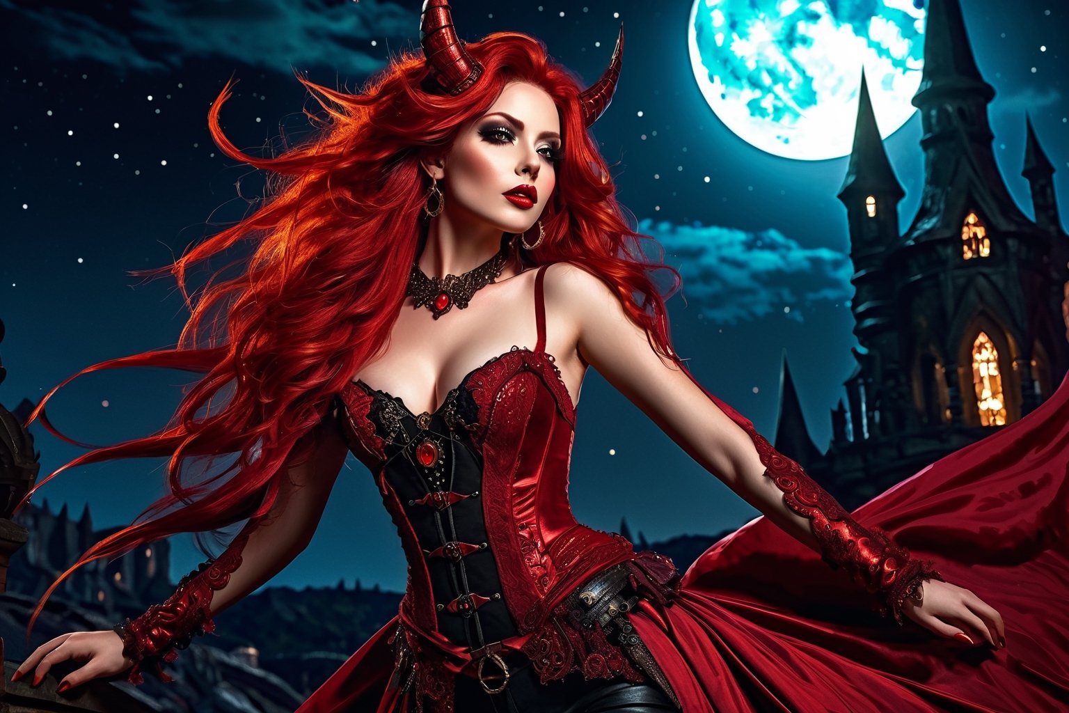 High definition vivid masterpiece, a beautiful vampire woman, elaborate spikey super long, messy red hair, blowing hair, red glowing big detailed eyes, large tattered devil wings, realistic, steampunk, night time, floating above a gothic castle, gravestones, full moon, starry sky, steampunk mechanical glowing full moon, light shafts, detailed background, boots, full body, Makeup,Masterpiece, full body,realistic