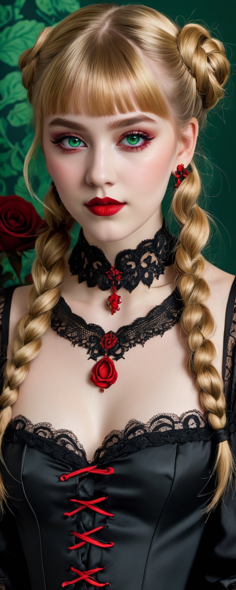 (best quality, masterpiece, ultra detailed, 8K, RAW photo), absurdres, a beautiful 17 year old vampire girl with vivid blond shiny braided hair with blunt bangs and braided hair buns, black roses in hair, ornate silk embrodiered with intricate patterns, big light green hyper realistic eyes, gothic eye make up, parted greasy full red lips, mischevious smile,intricate jewelry,necklace,earrings, tall lace boots, intricate william morris wallpaper background,  background,vibrant color, 