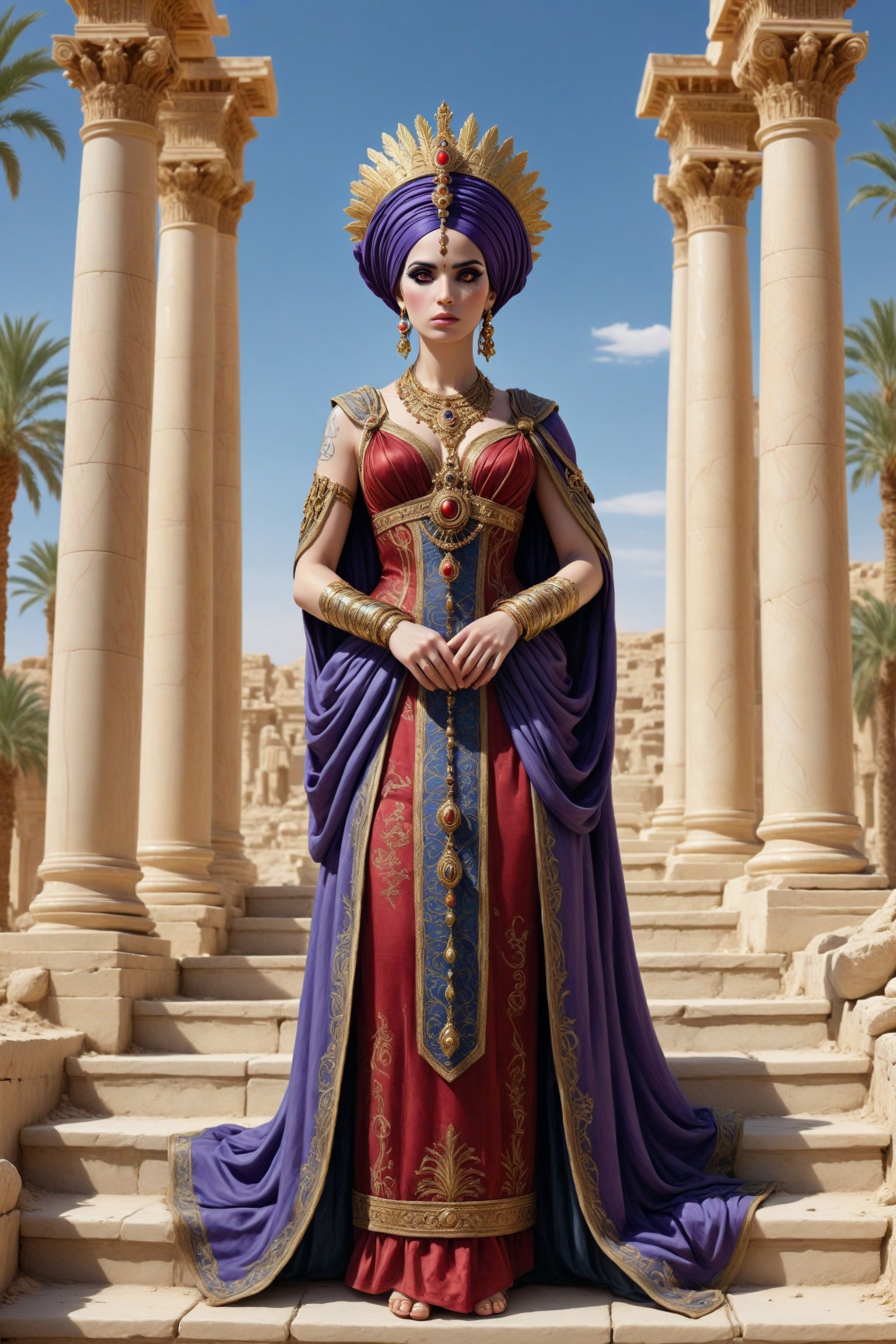 Cinematic scene - waist shot of Septimia Zenobia, a beautiful syrian queen in palmyra Syria in the third century c.e in a fusion of elaborate rococo, persian middle eastern parthian style and Greco-Roman and gothic punk. she has jet black hair. she has round large big copper eyes, she wears an elaborate middle eastern parthian style and Greco-Roman inspired royal gown in rich vibrant colors of red, purple, white gold, and black. she wears a turban, head ornament, crown and long shawl and an ancient syrian queen's head dress. elaborate earrings, necklaces and wrist cuffs made out of gold, lapis lazuli, amethyst. roman sandals on her feet. she walks down the steps in front of a luxurious temple, the detailed background is of a magnificent temple with painted columns. tall and small palm trees, statues, in the desert in the 3rd century a.d. perfect female anatomy, goth person, pastel goth, dal, Gaelic Pattern Style, 