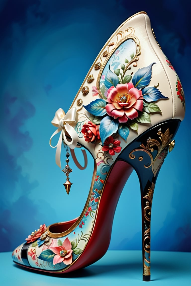 digital art, 8k,  picture of one high heel woman's shoe, decorated in Decoupage style, whimsical, side view of shoe beautiful, highly detailed, whimsical, fantasy,,more detail XL