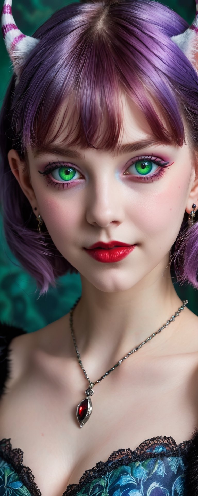 (best quality, masterpiece, ultra detailed, 8K, RAW photo), absurdres, a beautiful 17 year old vampire girl holding a small grey striped kitten with piercing green cat eyes, vivid purple shiny hair with blunt bangs, devil horns on head, bat wings on back, velvet elaborate outfit, big ice blue hyper realistic eyes,parted greasy red lips, mischevious smile,intricate jewelry,necklace,earrings, intricate william morris wallpaper background,  background,vibrant color, 