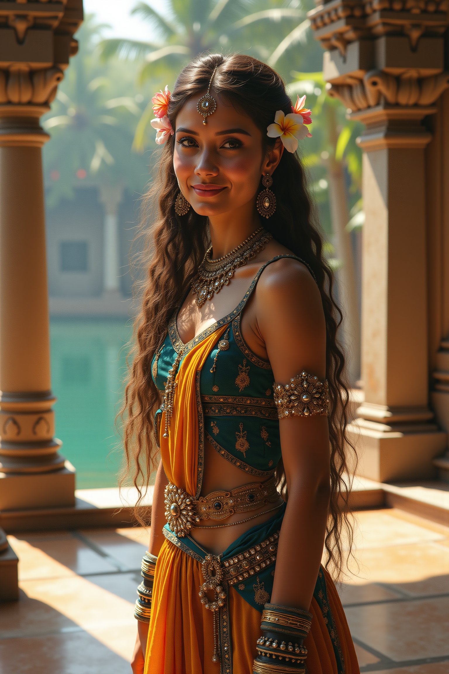 long shot, side view full body shot, realistic photgraphic image of young stunningly gorgeous and beautiful exotic asian indian woman in Ancient India. she stands on the steps of an ancient indian temple on the banks of the ganges river  with jasmine in her hair. she has a sweet sensual closed mouth smile, stunning big light green realistic eyes, rich colorful make-up and eyeliner on her eyes, thick big curly long blonde shiny hair, she wears an ancient indian dress in silk, cotton and linen fabrics, colors of dark sapphire blue saffron and gold, her outfit is richly and elaborately decorated, with embroidery and rich jewels, gold jewelry and ornaments, flat  sandals on her feet. her outfit and posture displays her wealth, behind her is the detailed realistic background of the Ancient Indian temple on the banks of a beautiful river, lush coconut trees, jasmine, rose, frangiapani bushes surround the temple. the temple is decorated with richly colored symmetrical Indian art, mythology and spiritual scenes decorating the walls, ancient hindu statues, palm, coconut, mango trees, incense pots with burning incense, perfect female anatomy