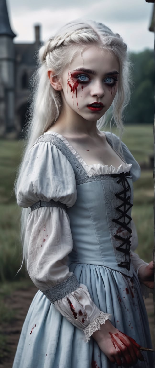 masterpiece, subtle lighting, dark atmosphere, a young girl vampire, pale white skin, ice blue pinpoint pupil big eyes, with white gothic clothes with blood stains, white hair, gothic hairstyle, open mouth showing long bloody  pointed fangs, background a countryside from the year 1650 in old Europe. extreme realism, intricate details, ultra quality, 8k UHD