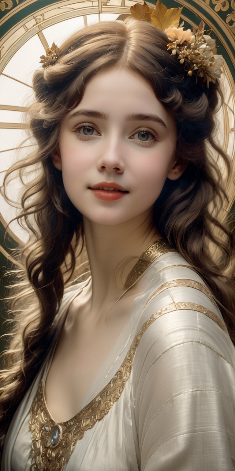 (8k 16k, RAW photo, best quality, master:1.2), (realistic, photo-realistic:1.37), ultra detailed, 1girl,solo, upper body, reg hair, big gold eyes, reallistic, looking at viewer, happy,smile, masterpiece, realistic photography, by Alphonse Mucha, by Wlop, ), (Exaggerated Perspectives), f/ 2.8, (Surrealist Style), Visionary Art, (Trending on artstation)