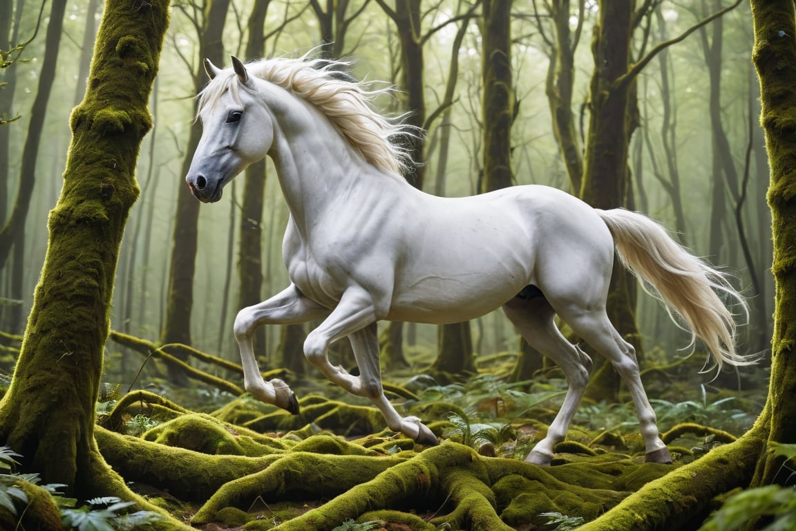 Imagine a mystical space realm where a white spider horse gallops with grace through a dense forest, its eight legs gracefully carrying it over moss-covered ground. The sight is simultaneously horrifying and awe-inspiring, as the white horse's ethereal beauty is contrasted against its monstrous spider-like features. The horse's ebony eyes mesmerize, reflecting the light in a haunting and captivating manner. This breathtaking image, depicted in a vividly painted masterpiece, immerses viewers in the fantastical narrative of an otherworldly creature navigating a mysterious and enchanted woodland.