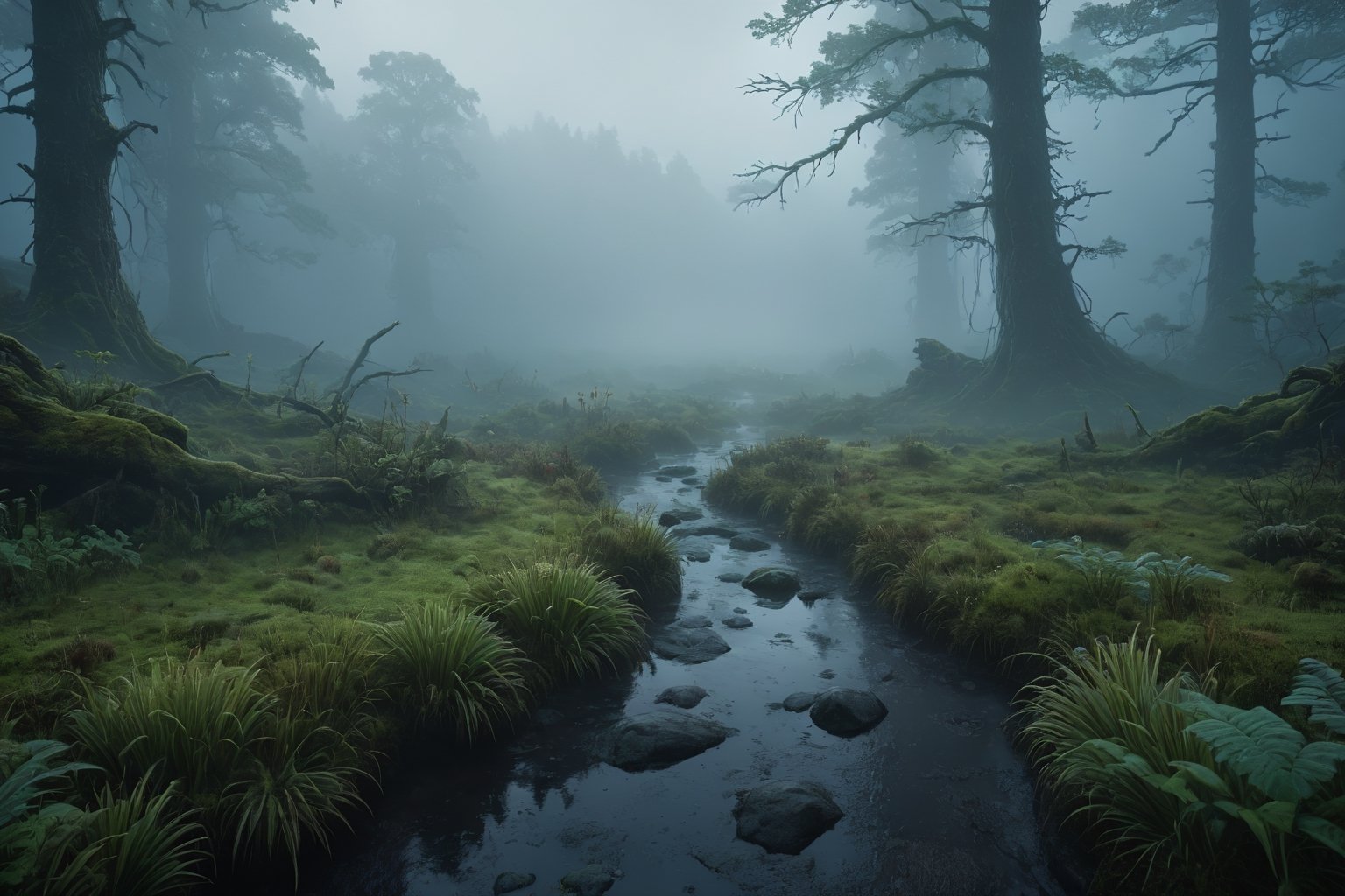  8k, photorealistic, strong outlines, dimly lit fog mist fantasy natural environments, intricate details about one-third depth of field, cinematography scenes, with fog, after-rain scenes from wilderness to a sanctuary 