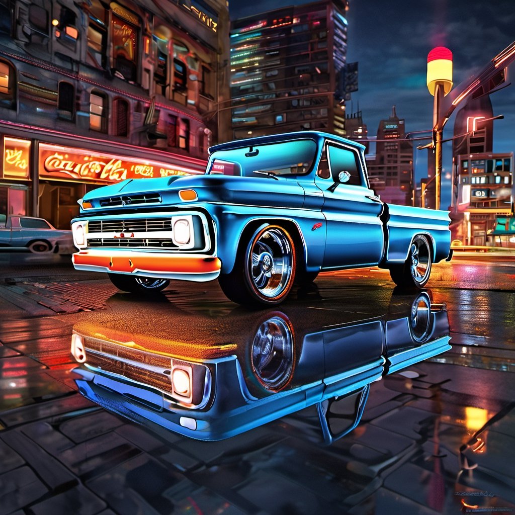 Generate a photorealistic depiction of a 1966 Chevrolet C10 stepside Pickup speeding through a futuristic cityscape at night. Imagine vibrant neon lights reflecting off sleek, polished surfaces as the car races through illuminated streets. Capture the dynamic energy and sense of motion, blending realism with a touch of sci-fi flair.