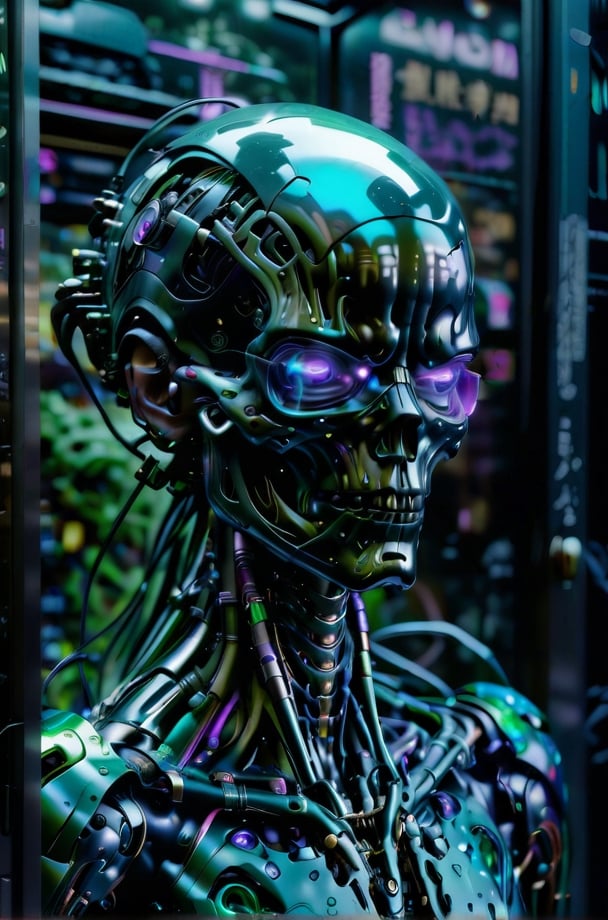 A Black, purple ,green, and blue undertone cyborg with major organs biomechanically controlled. hyper futuristic pulp style in Tokyo, smoke, night-time, in Tokyo city, hyperrealism, thunderstorm, hyperrealism, long shot, motion blur bioluminescent punk 