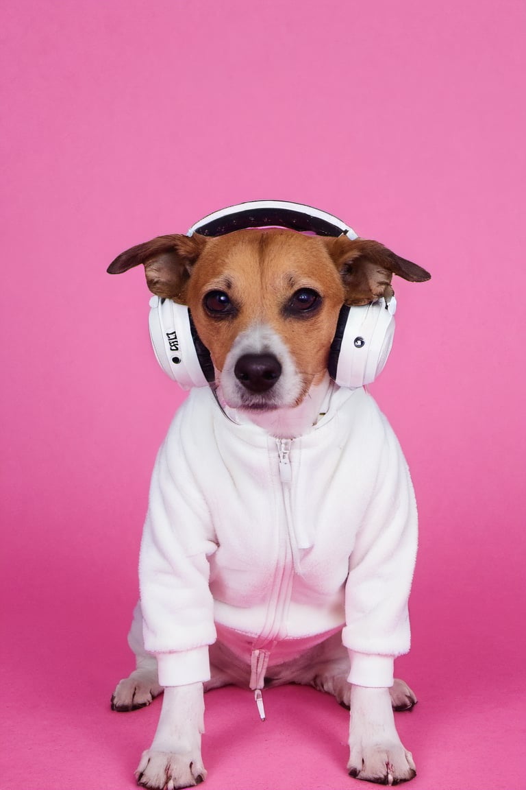 Mischievous soft brown floppy eared dog beagle Jack Russell mix DJ, has four distinct black freckles on snout, mostly white fur with black spots, wearing ADIDAS fashion Track suit and matching bucket hat, DJ Eye glass, headphones on head, hyper realistic, bird eye view, ultra-detailed, best quality,Movie Still, neon background, in club party