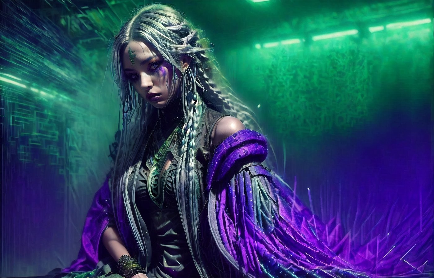 A beautiful sorceress in a unique robe blackest black with undertones of greens, blues, and purples with specks af silver glitter through. The sorceress resembling a Russian woman with very Nordic features with a very long gray blonde braided hair she is striking and mysterious 